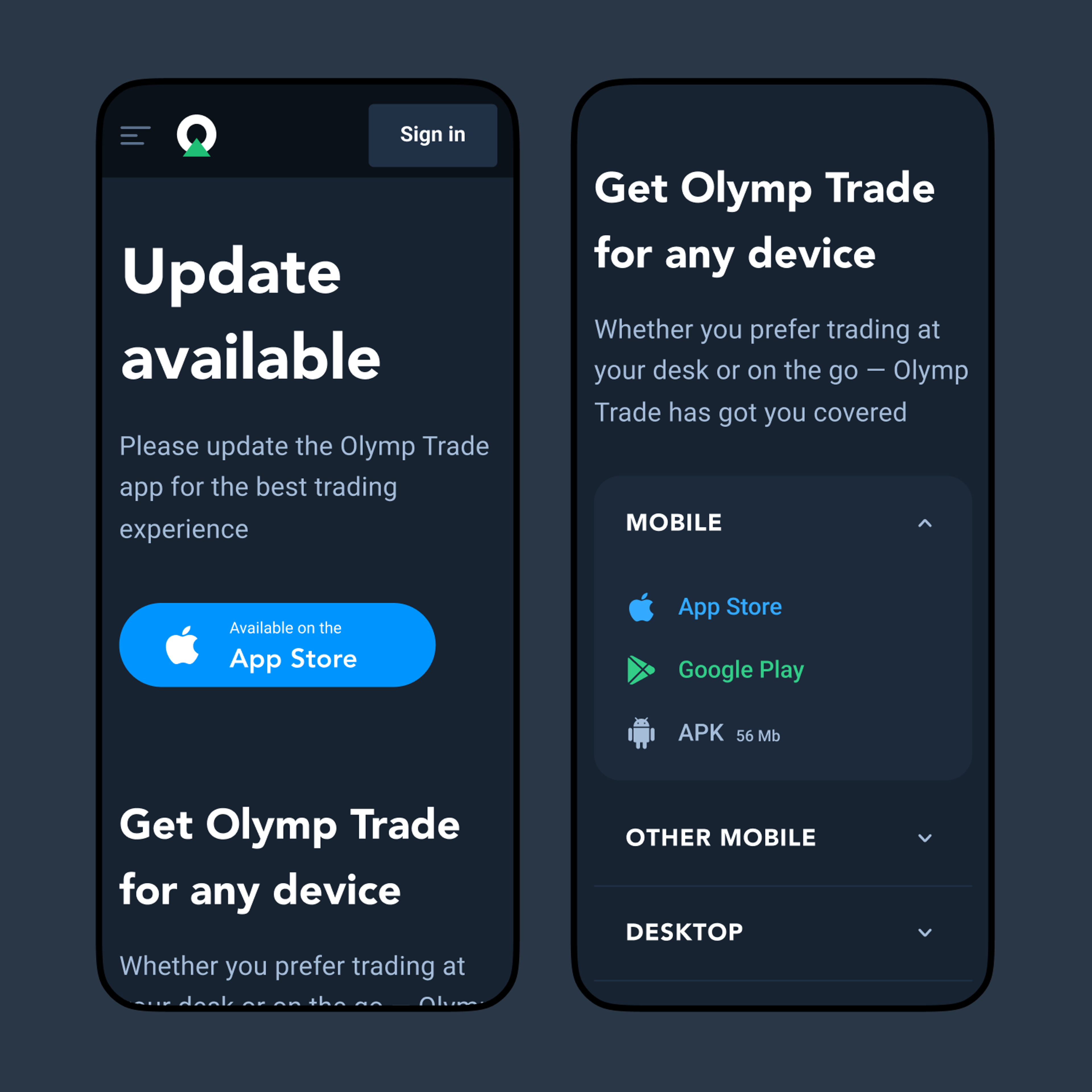 Two phone screens: the app update prompt and “Get Olymp Trade for any device”