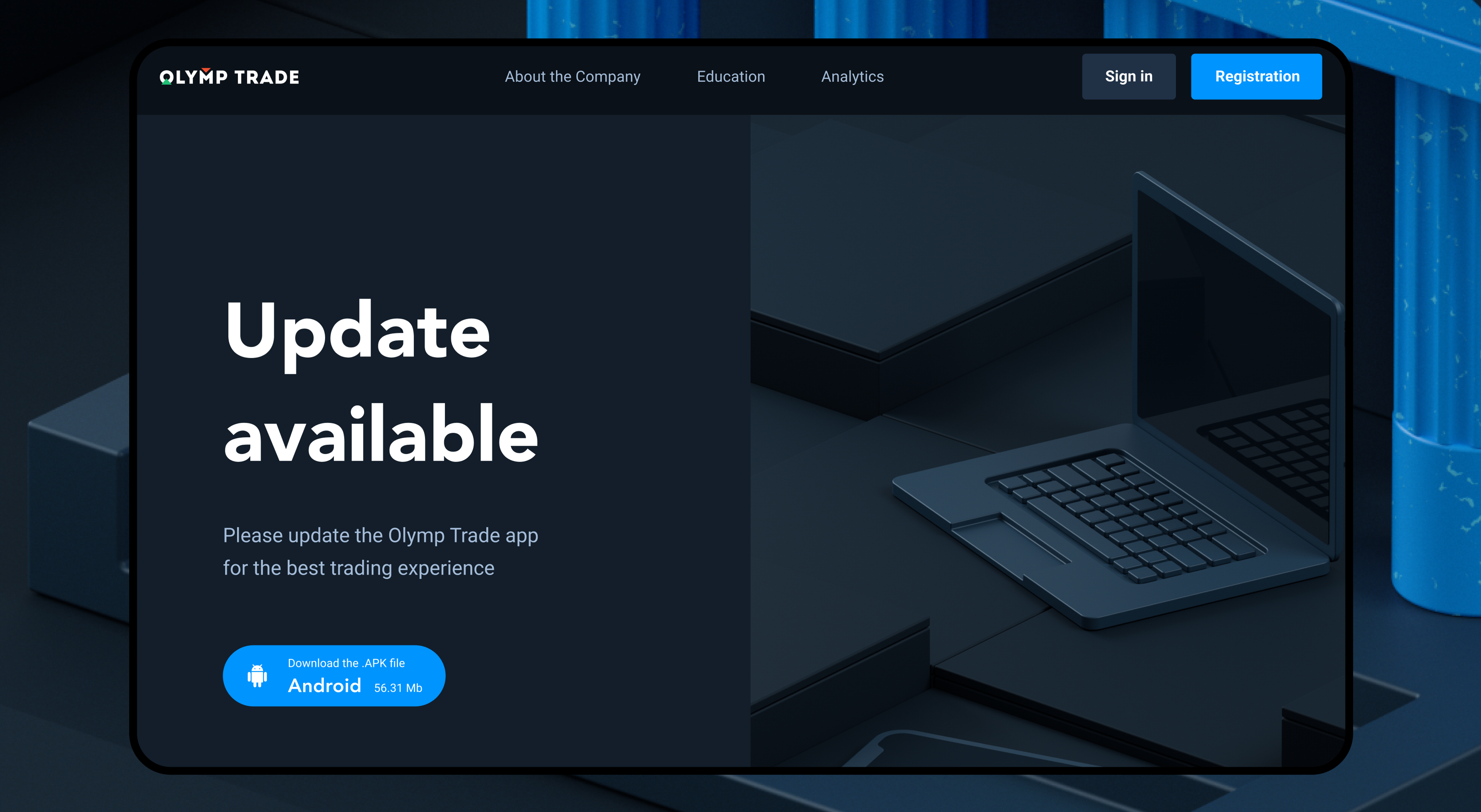 Olymp Trade desktop site showing an “Update available” notice