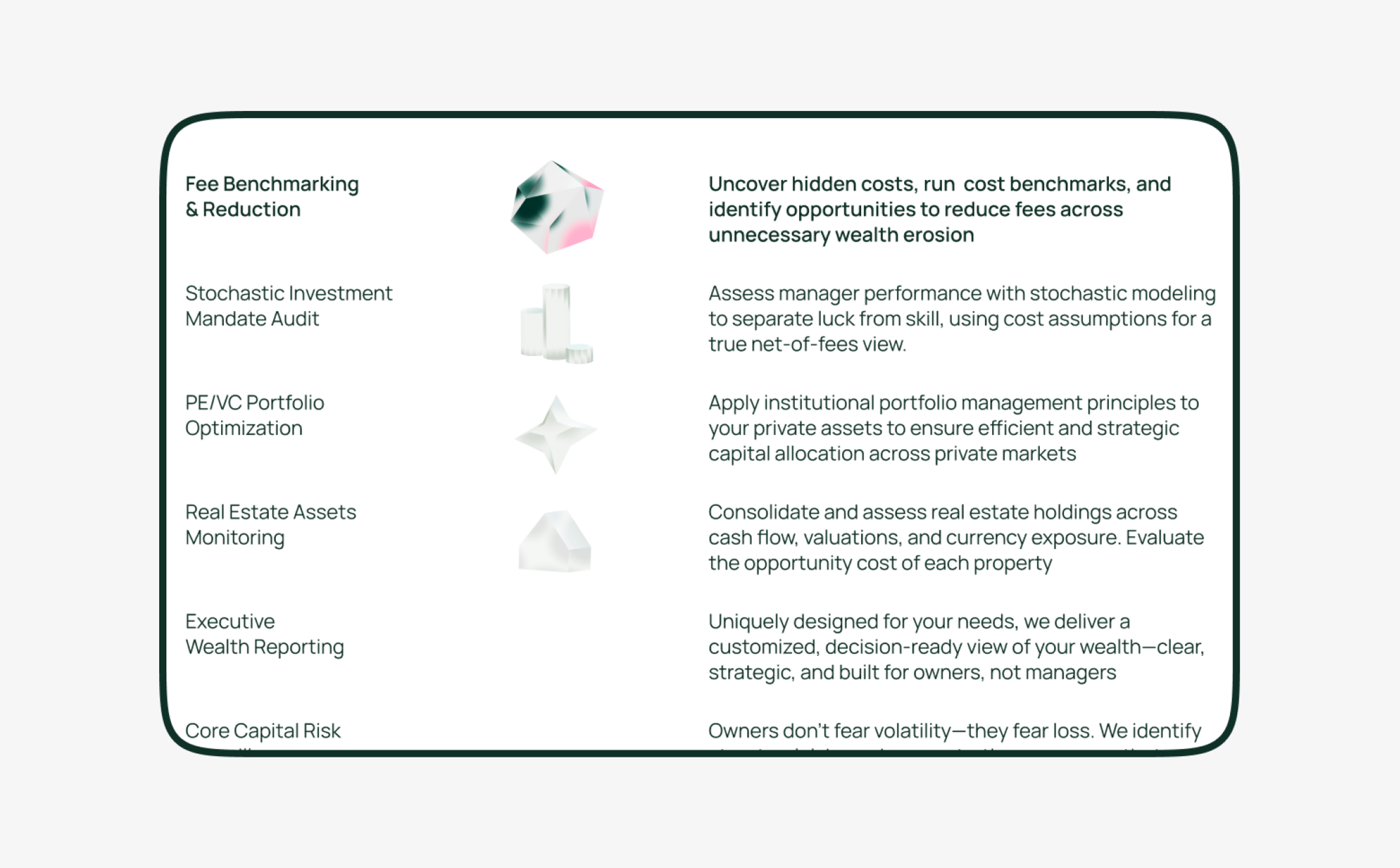 Services list: fee benchmarking, mandate audit, portfolio optimisation
