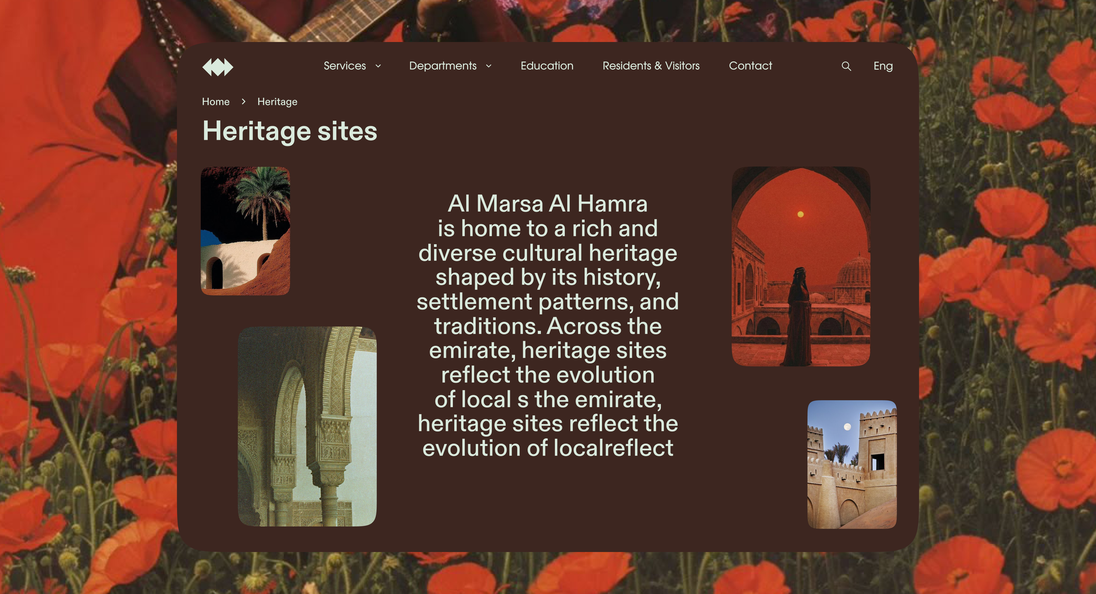 Heritage sites page describing the emirate's cultural heritage, over poppies