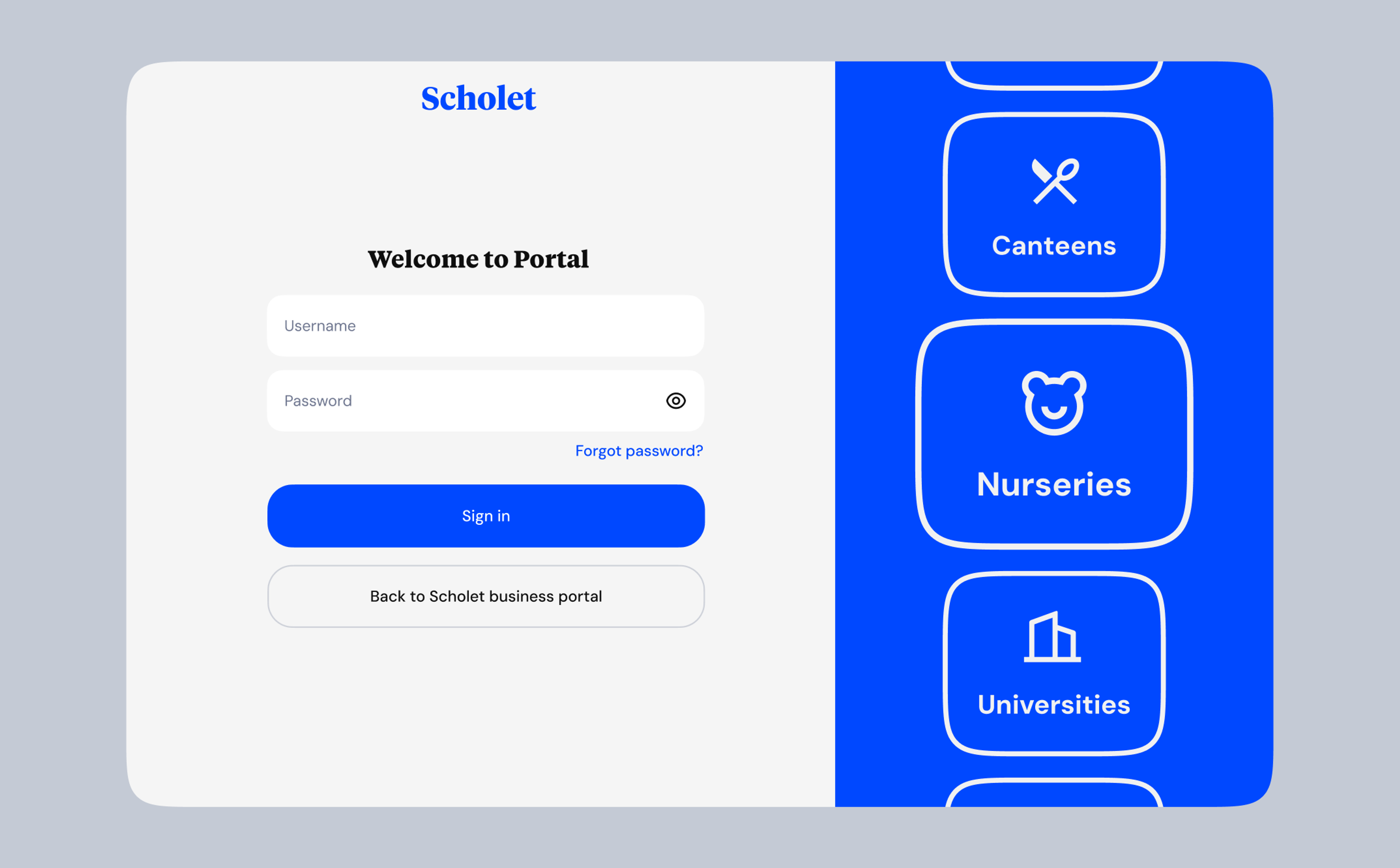 Scholet portal sign-in with service tiles