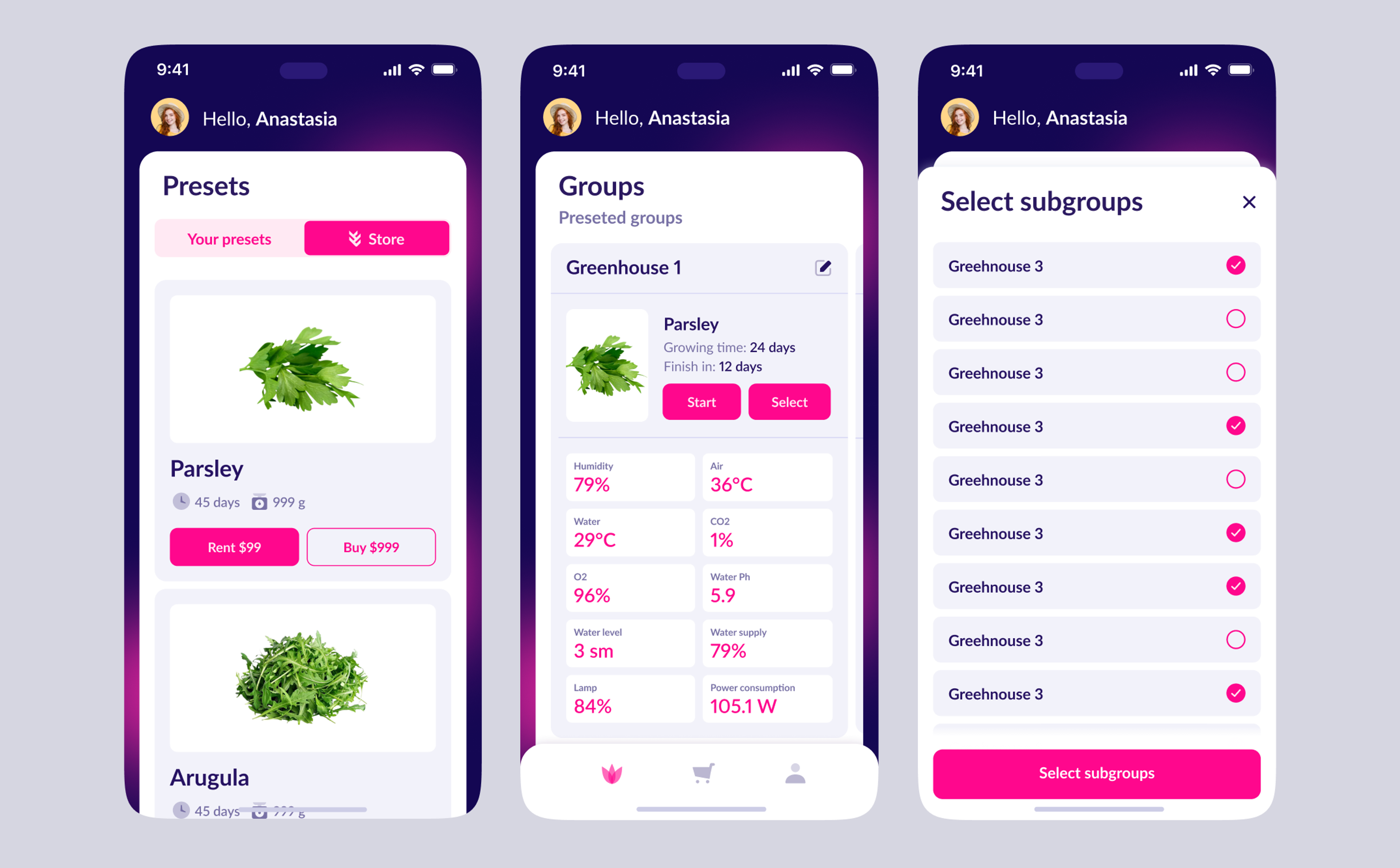 Presets, groups and subgroups screens
