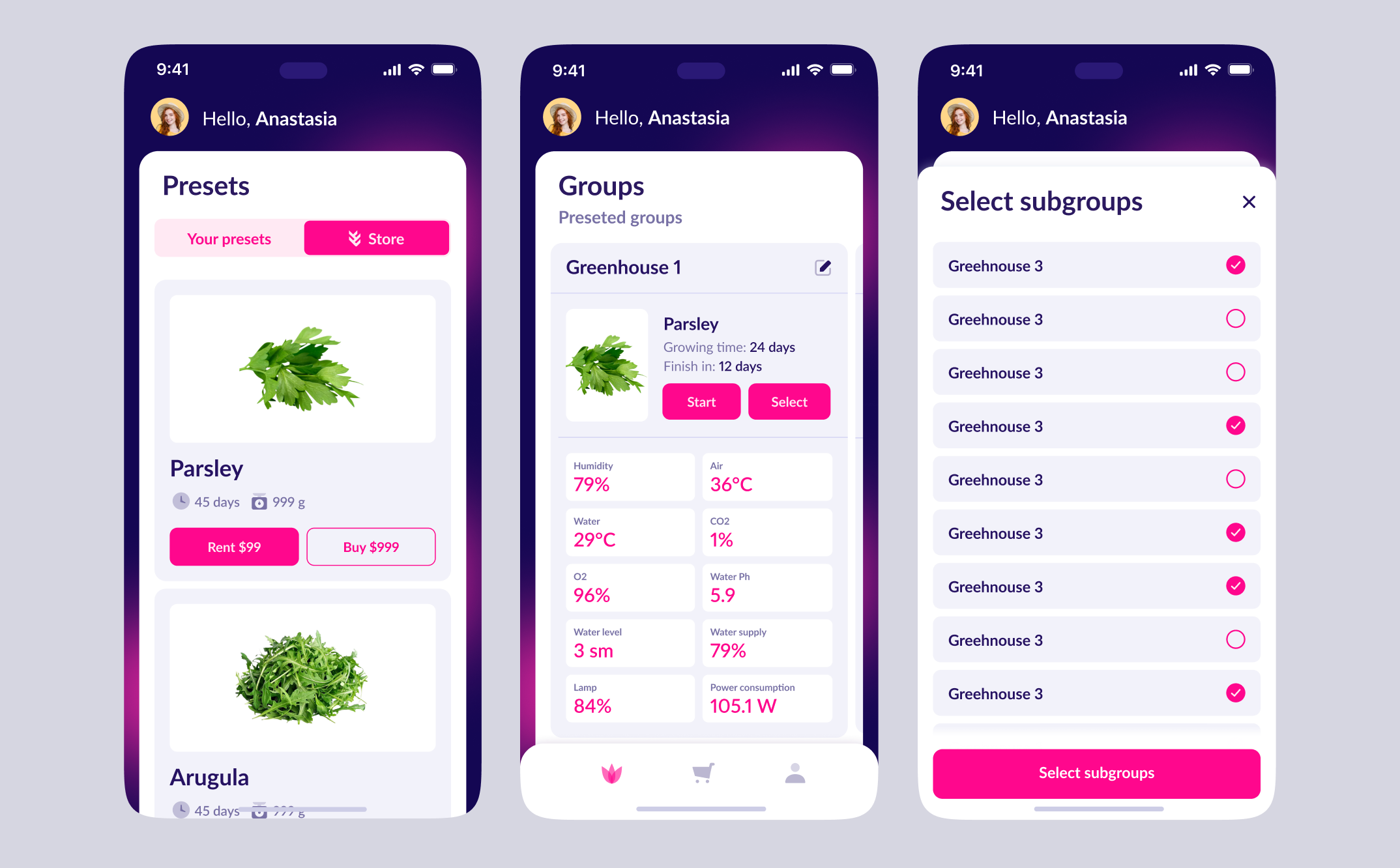 Presets, groups and subgroups screens