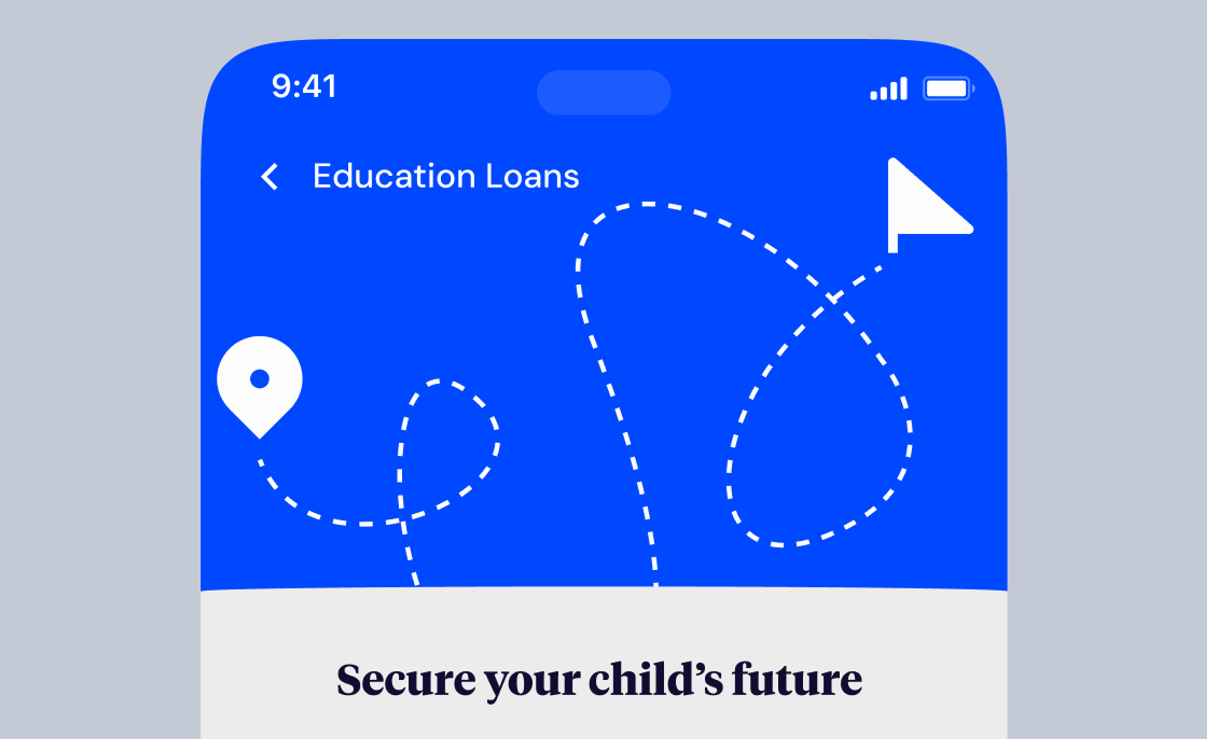 Education Loans screen with a route illustration: “Secure your child's future”