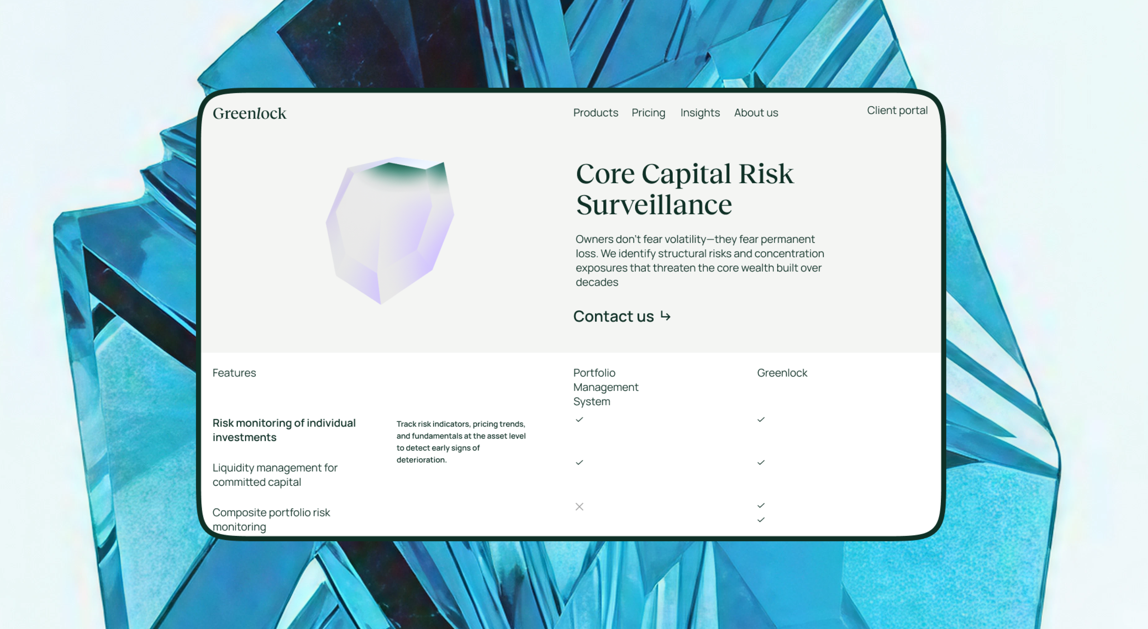 Greenlock Core Capital Risk Surveillance page on a tablet over a blue crystal