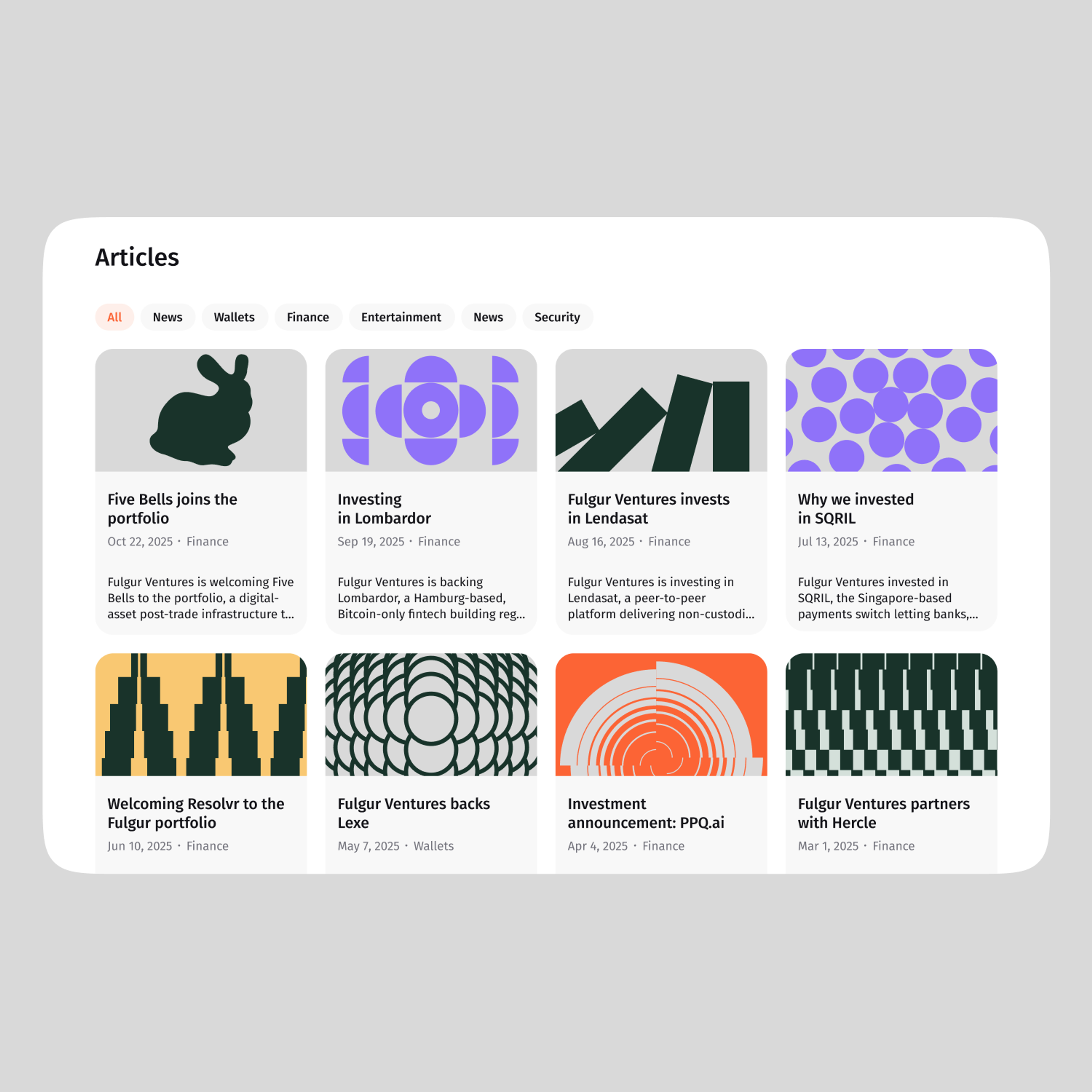 Fulgur Ventures articles grid of investment announcements