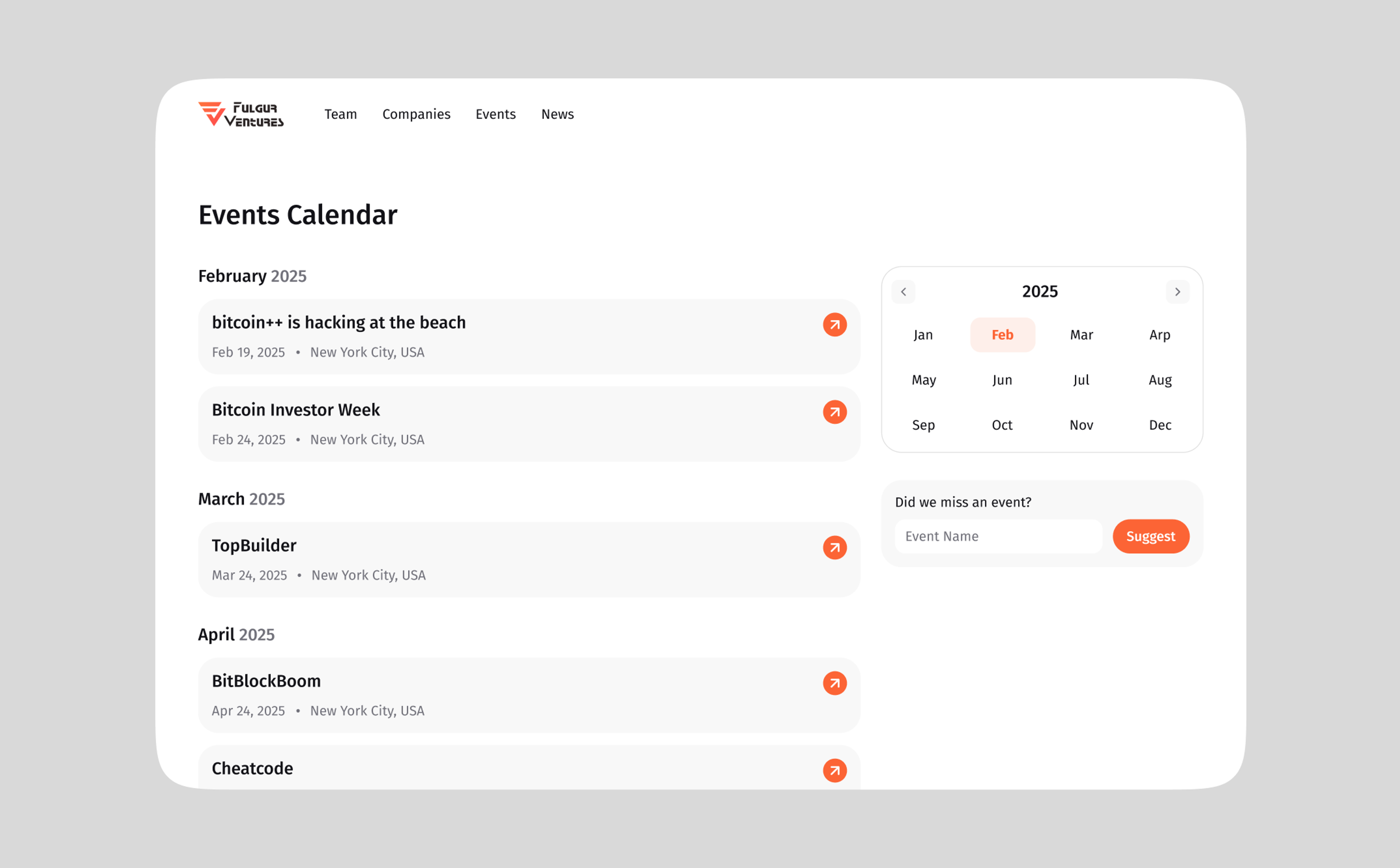 Events calendar page