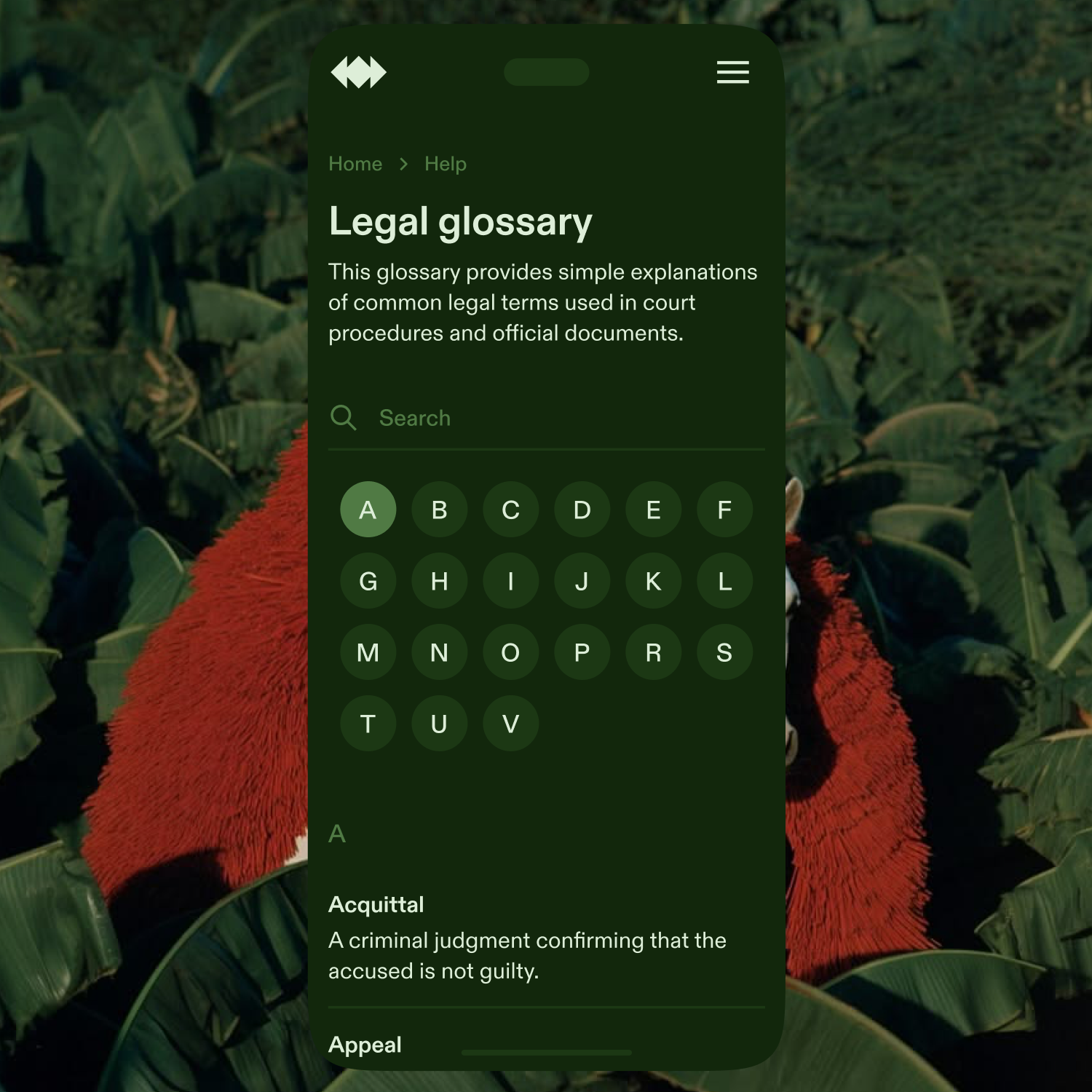 Legal glossary page with an A to Z index of legal terms