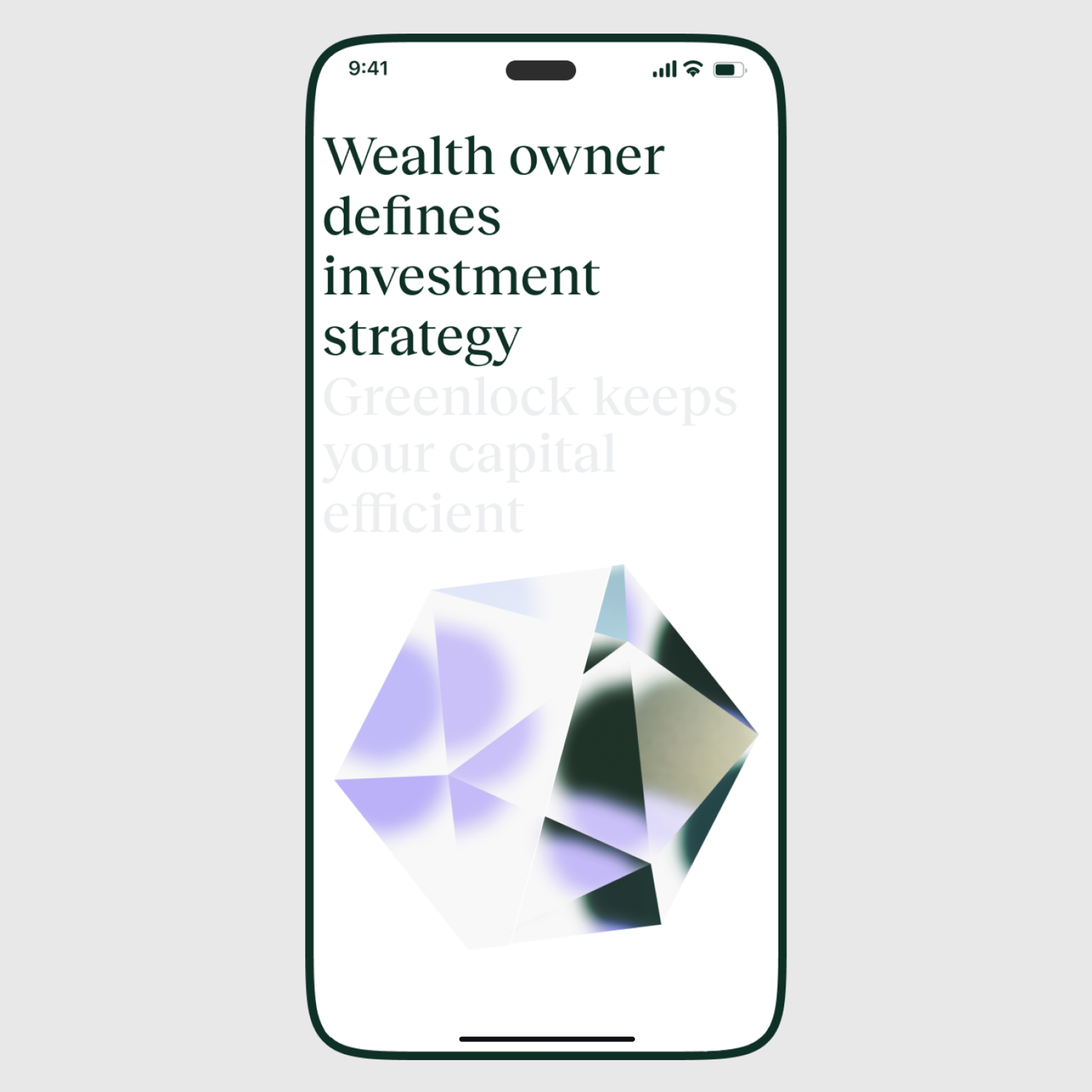 Greenlock phone screen, “Wealth owner defines investment strategy”