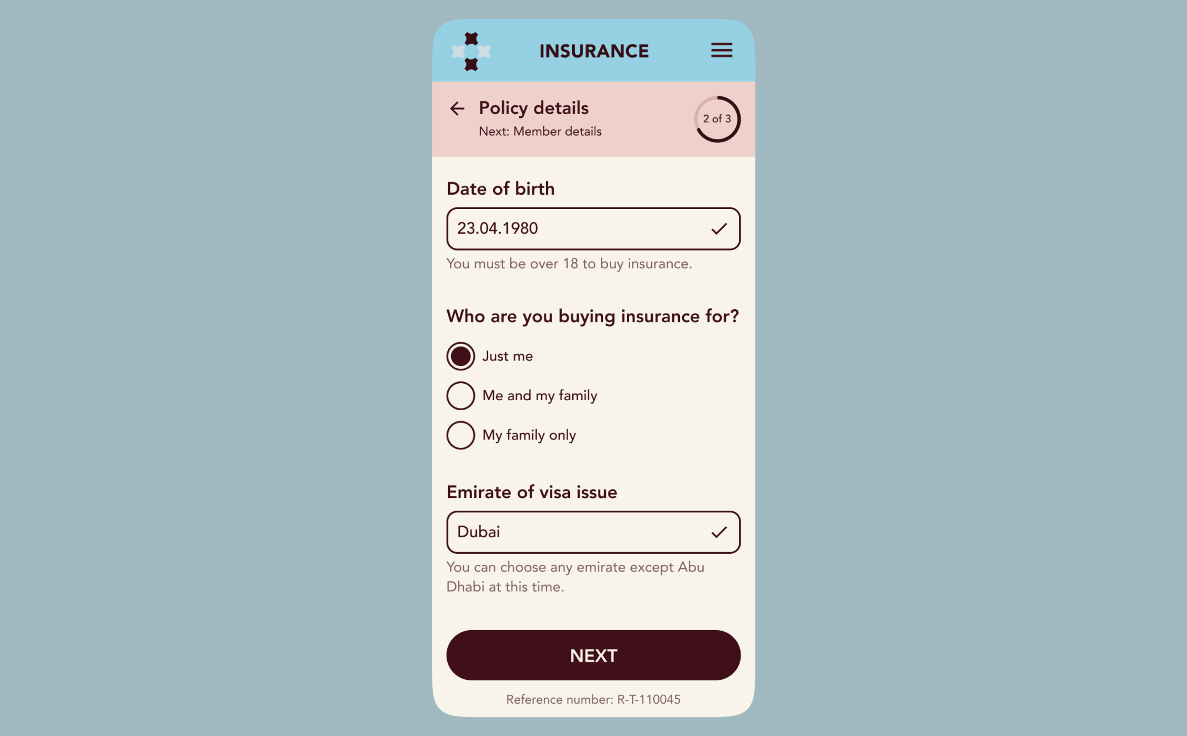 Phone screen with policy details: who the cover is for and the emirate of issue
