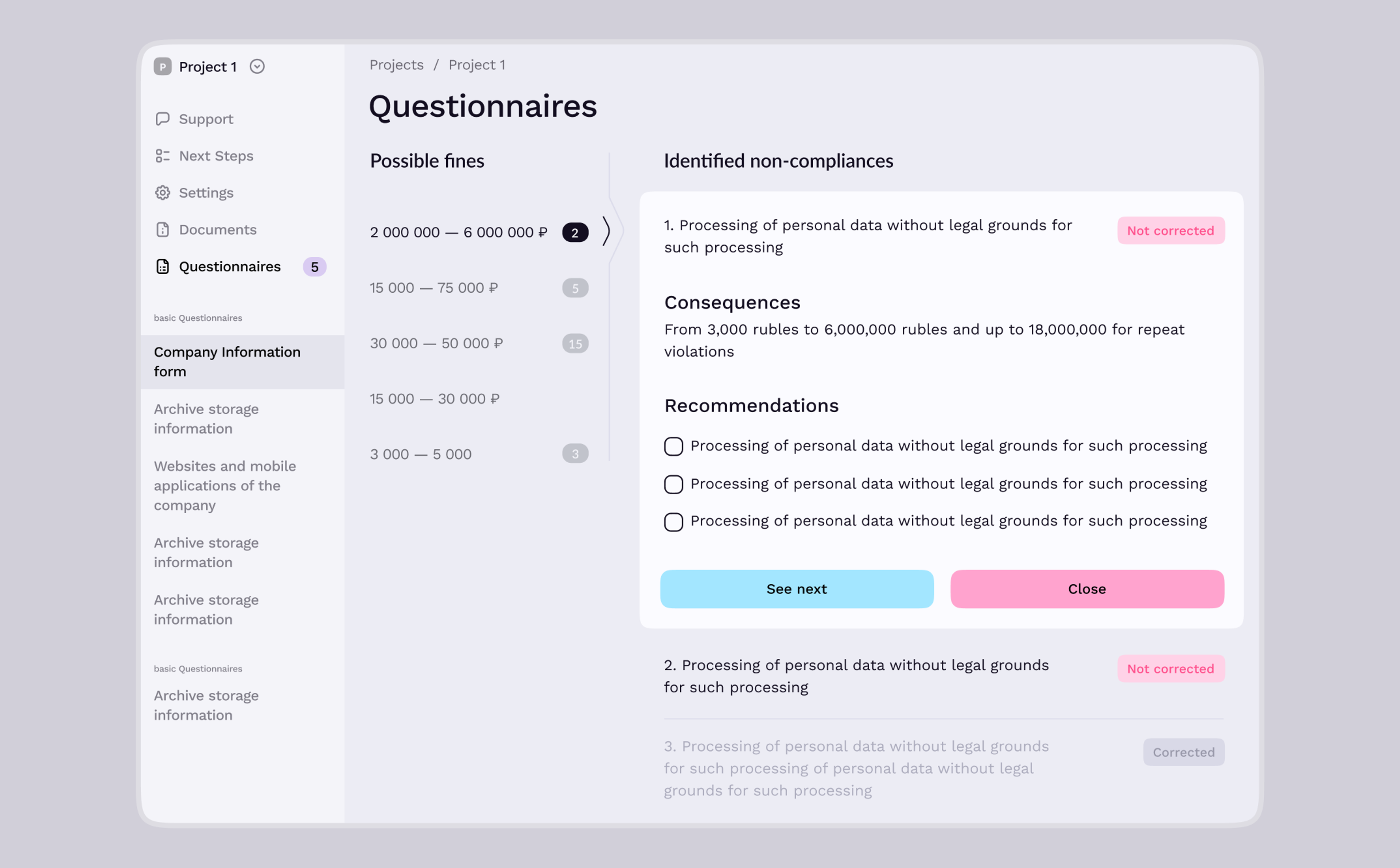 Questionnaires: possible fines and non-compliances