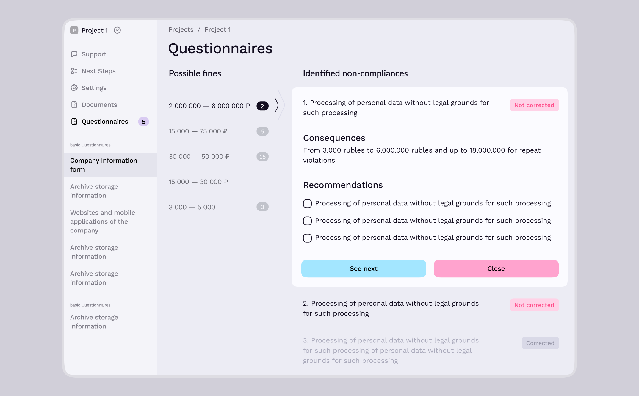 Questionnaires: possible fines and non-compliances
