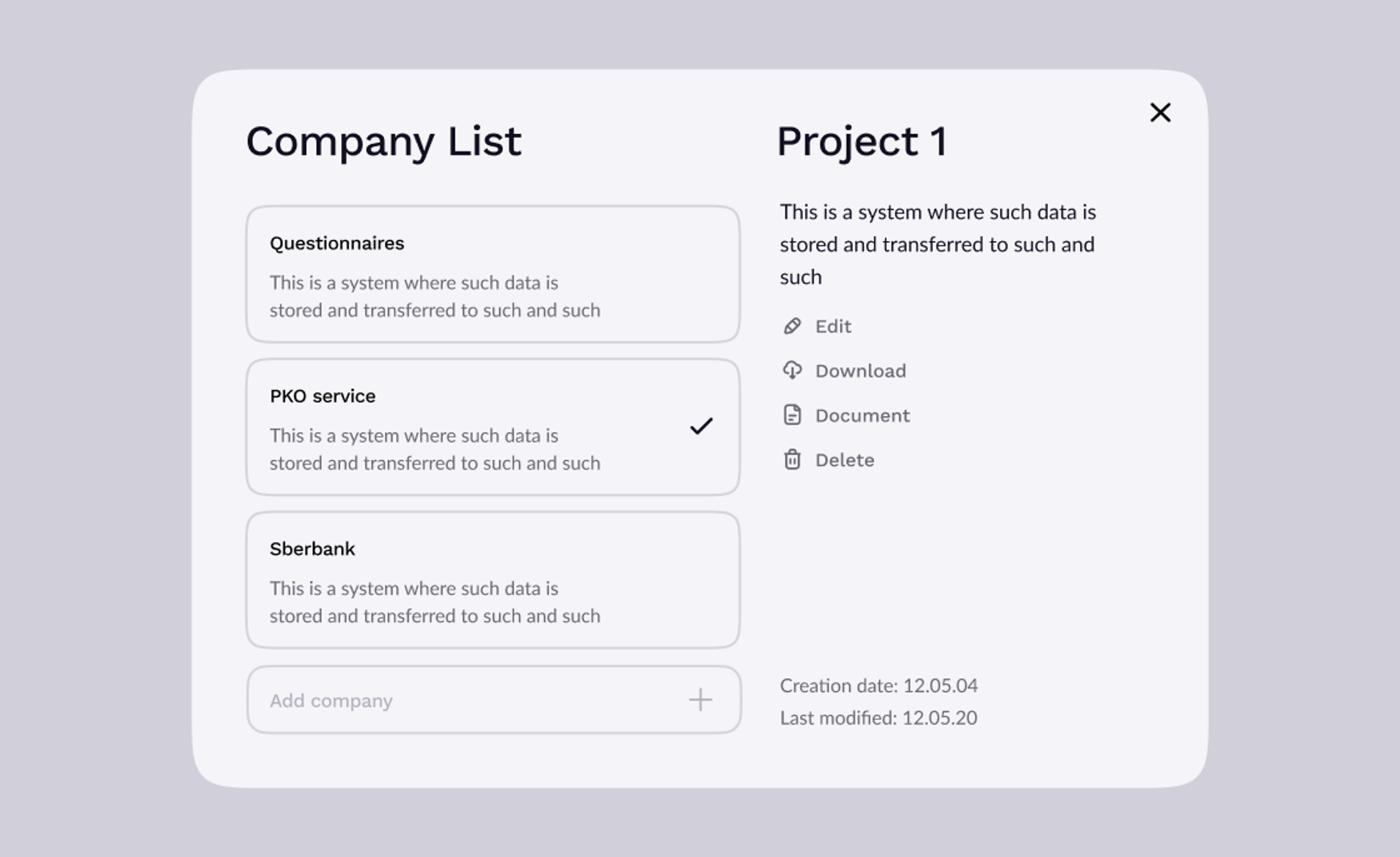 Company list and project card