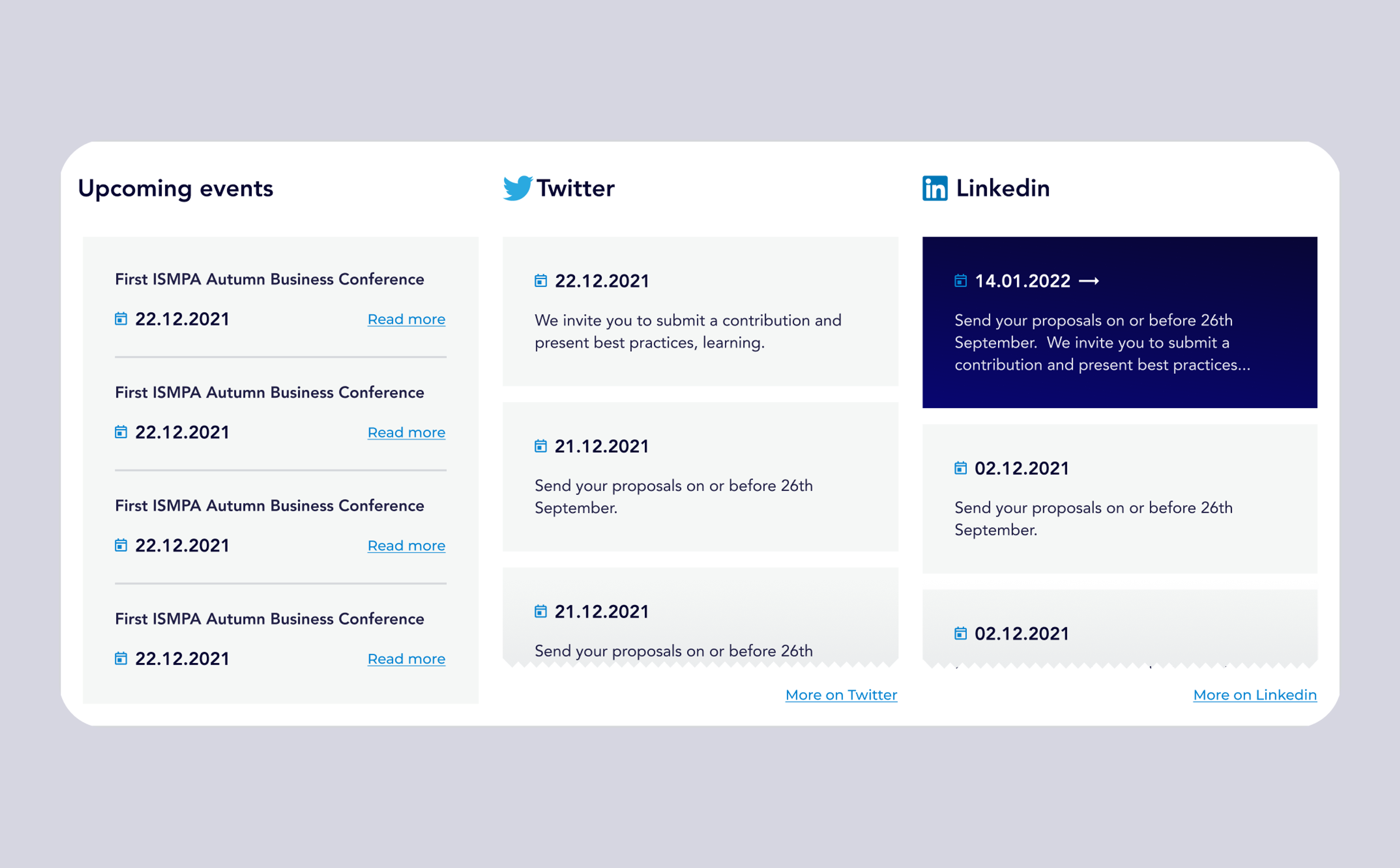 Upcoming events with Twitter and LinkedIn feeds