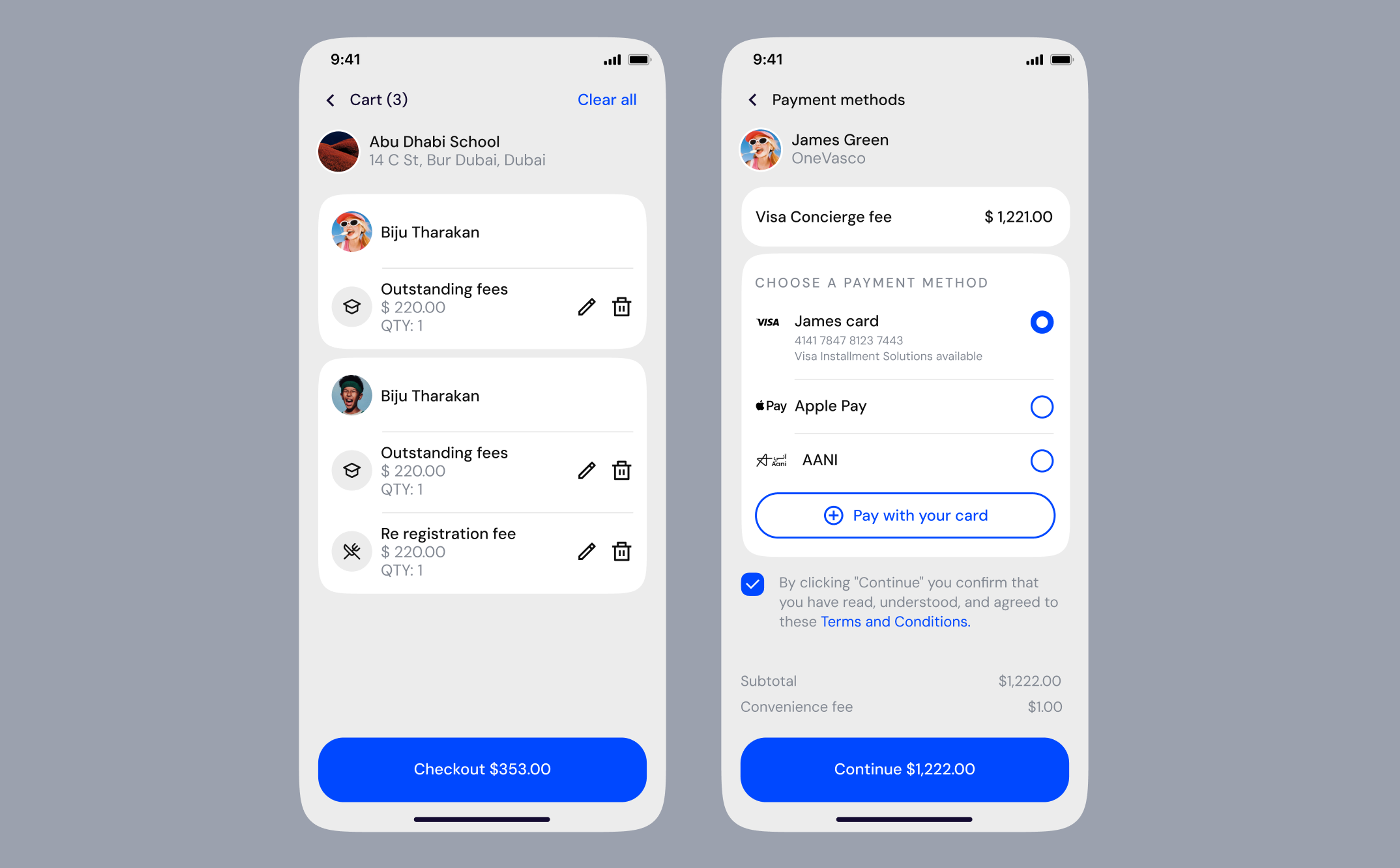 Cart and payment methods screens on a phone
