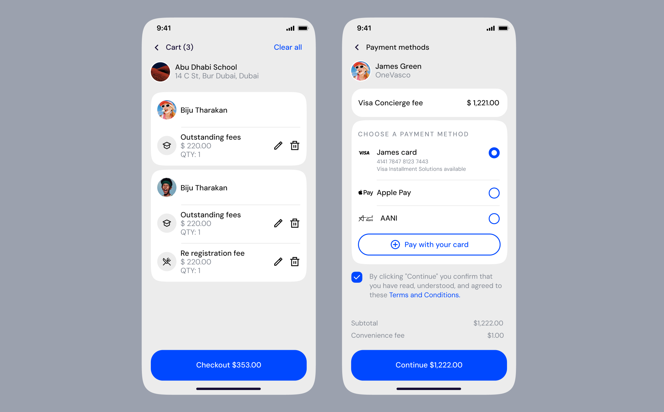 Cart and payment methods screens on a phone