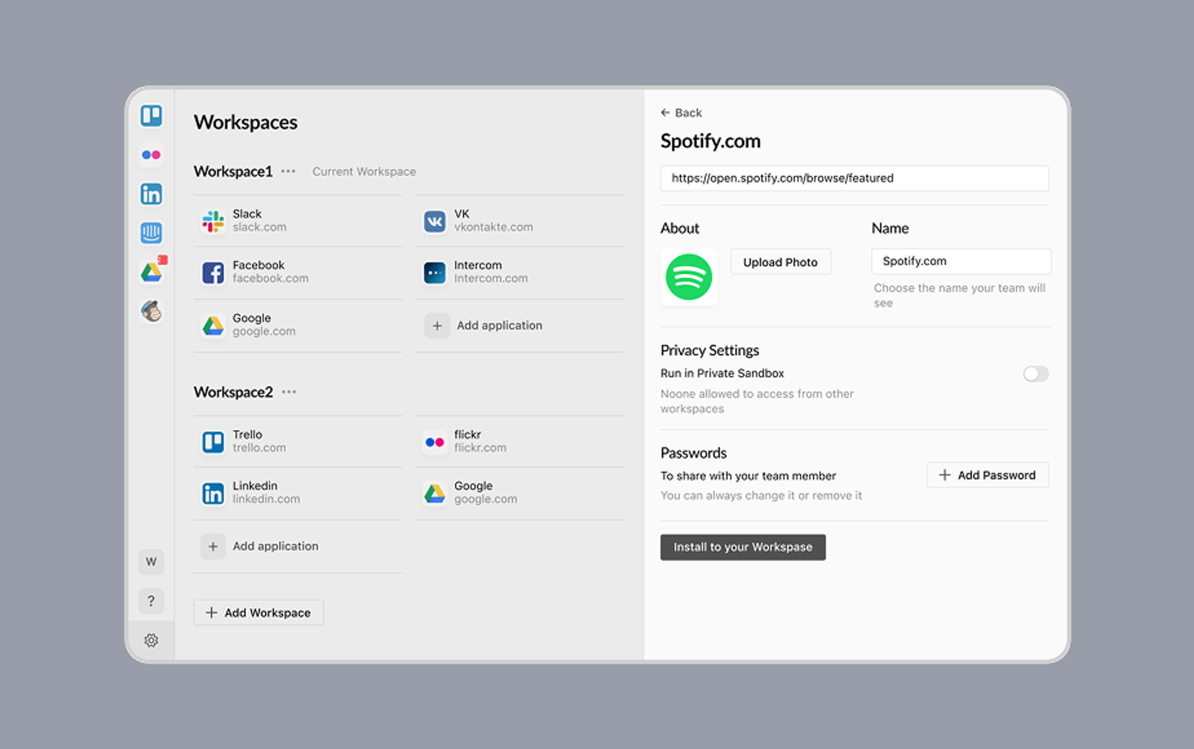 Sidekick workspaces screen: apps grouped into two workspaces beside the settings panel for a new app