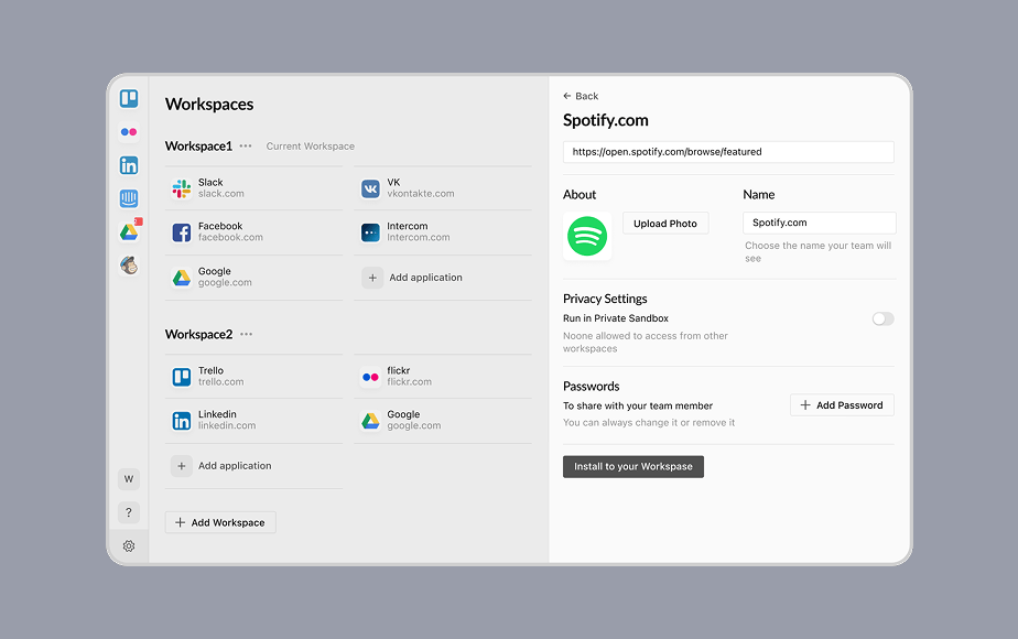 Sidekick workspaces screen: apps grouped into two workspaces beside the settings panel for a new app