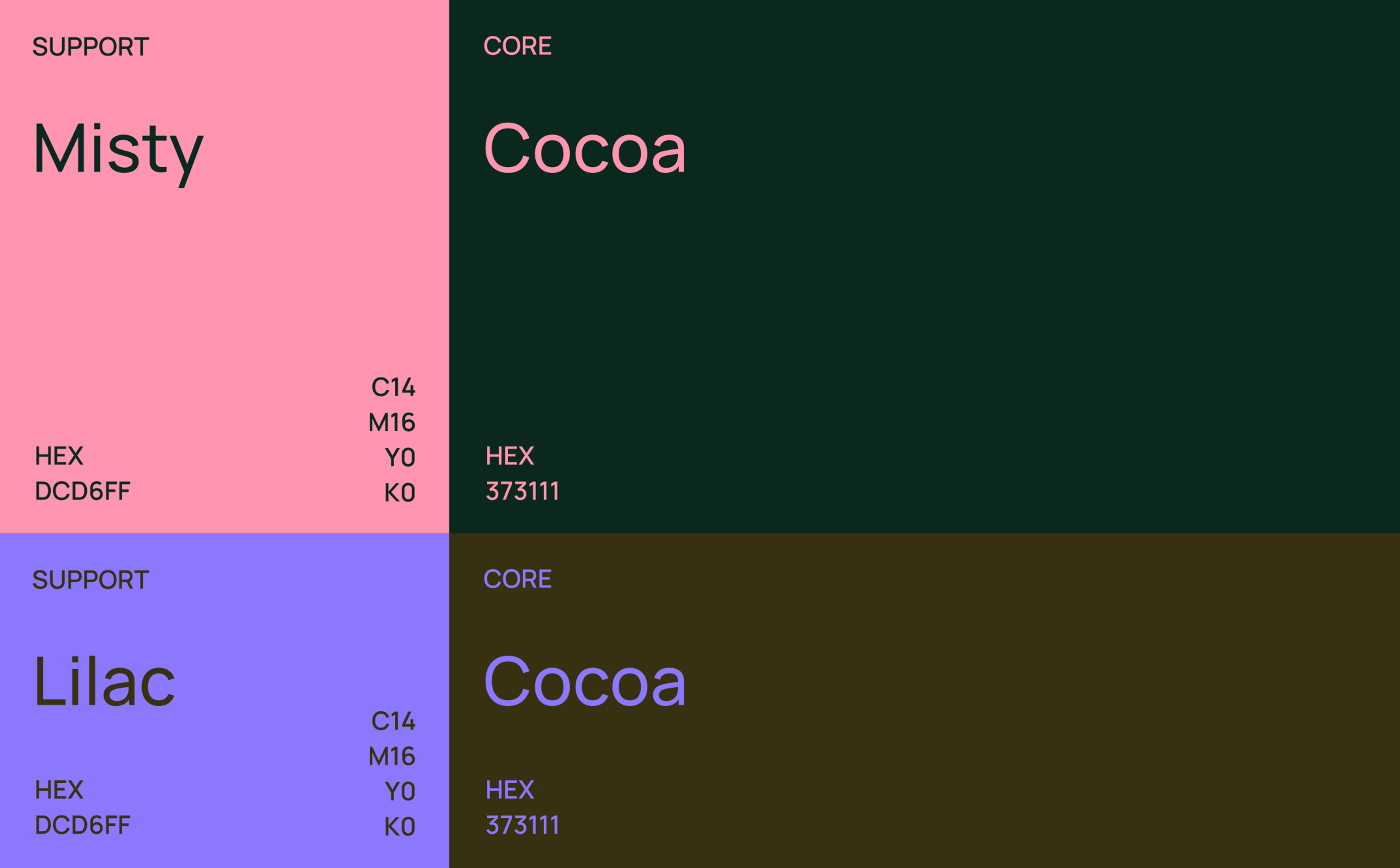 Brand colour swatches: Misty, Cocoa and Lilac