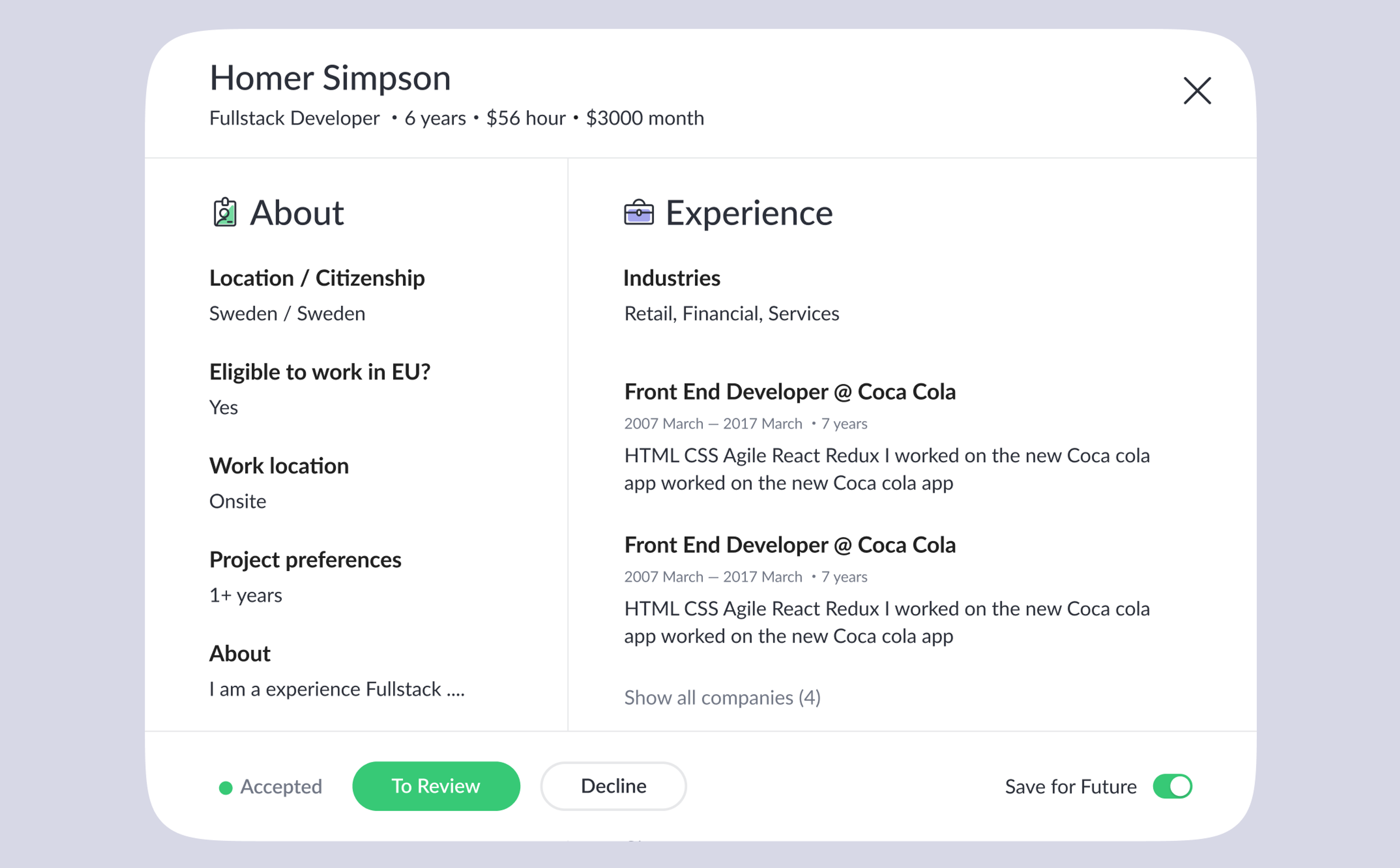 Candidate profile card