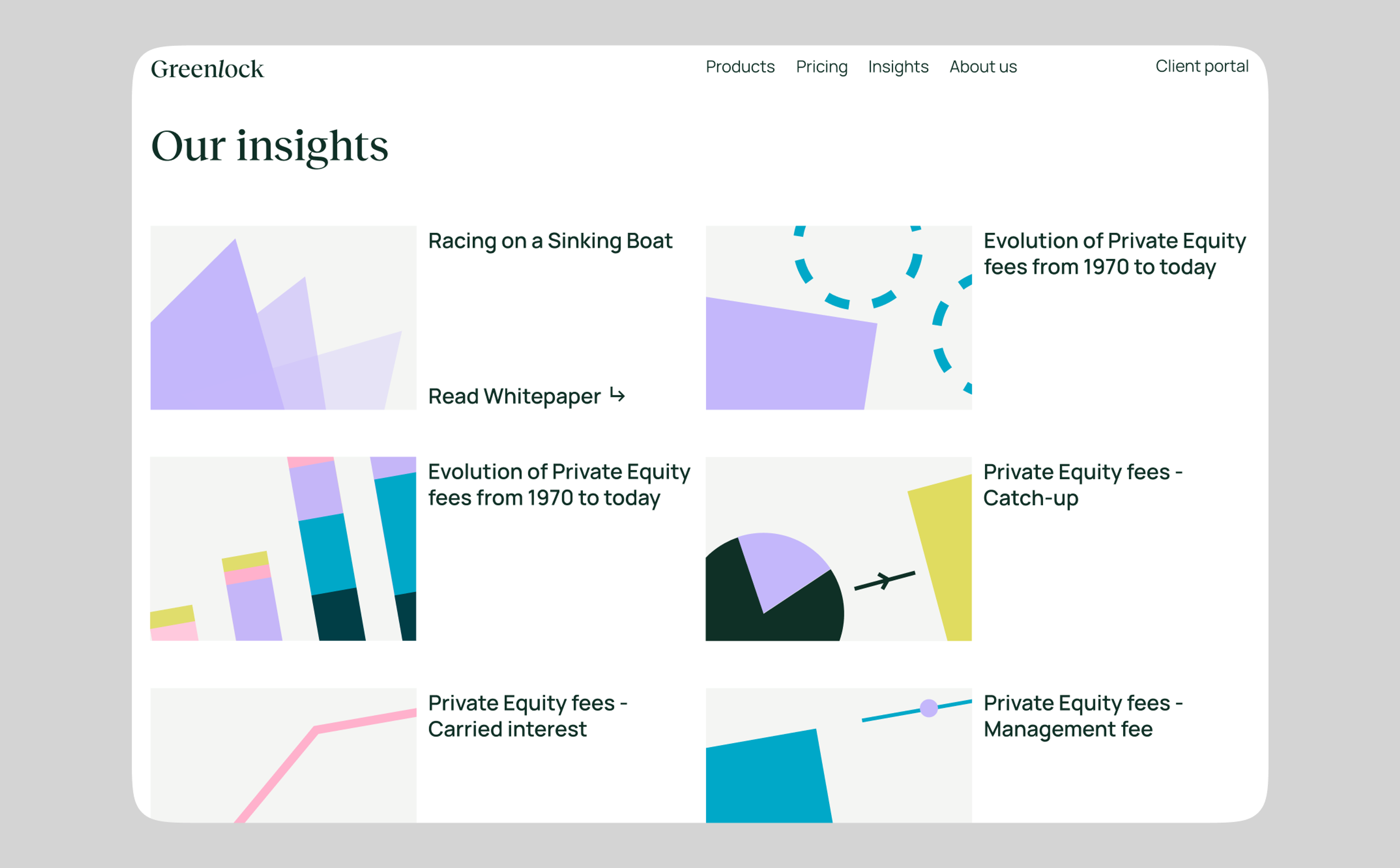 Greenlock insights page with private equity fee articles