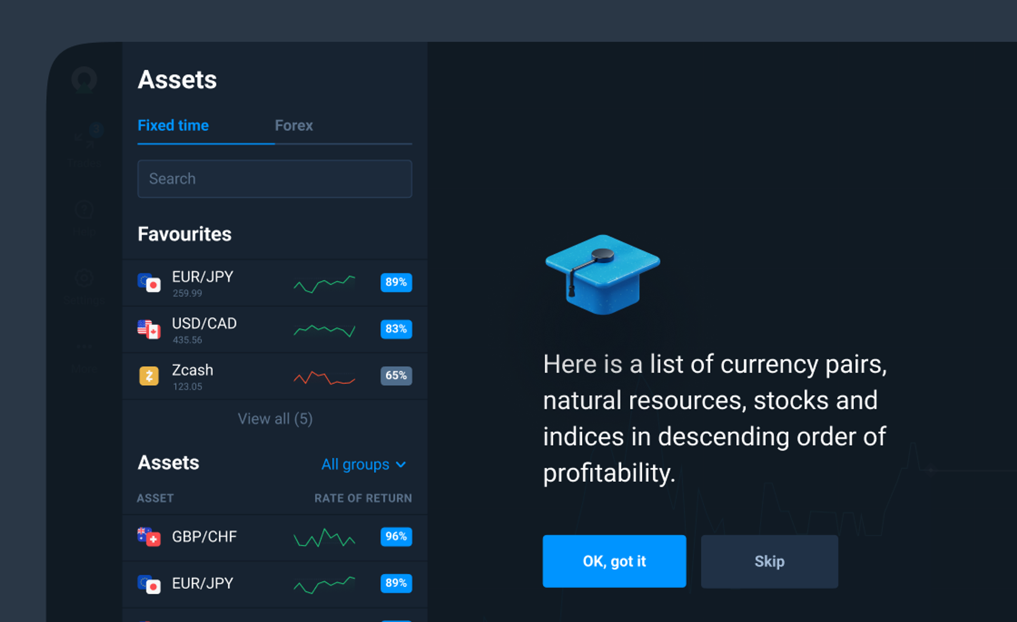 Assets list of currency pairs with rates of return, beside an onboarding tip