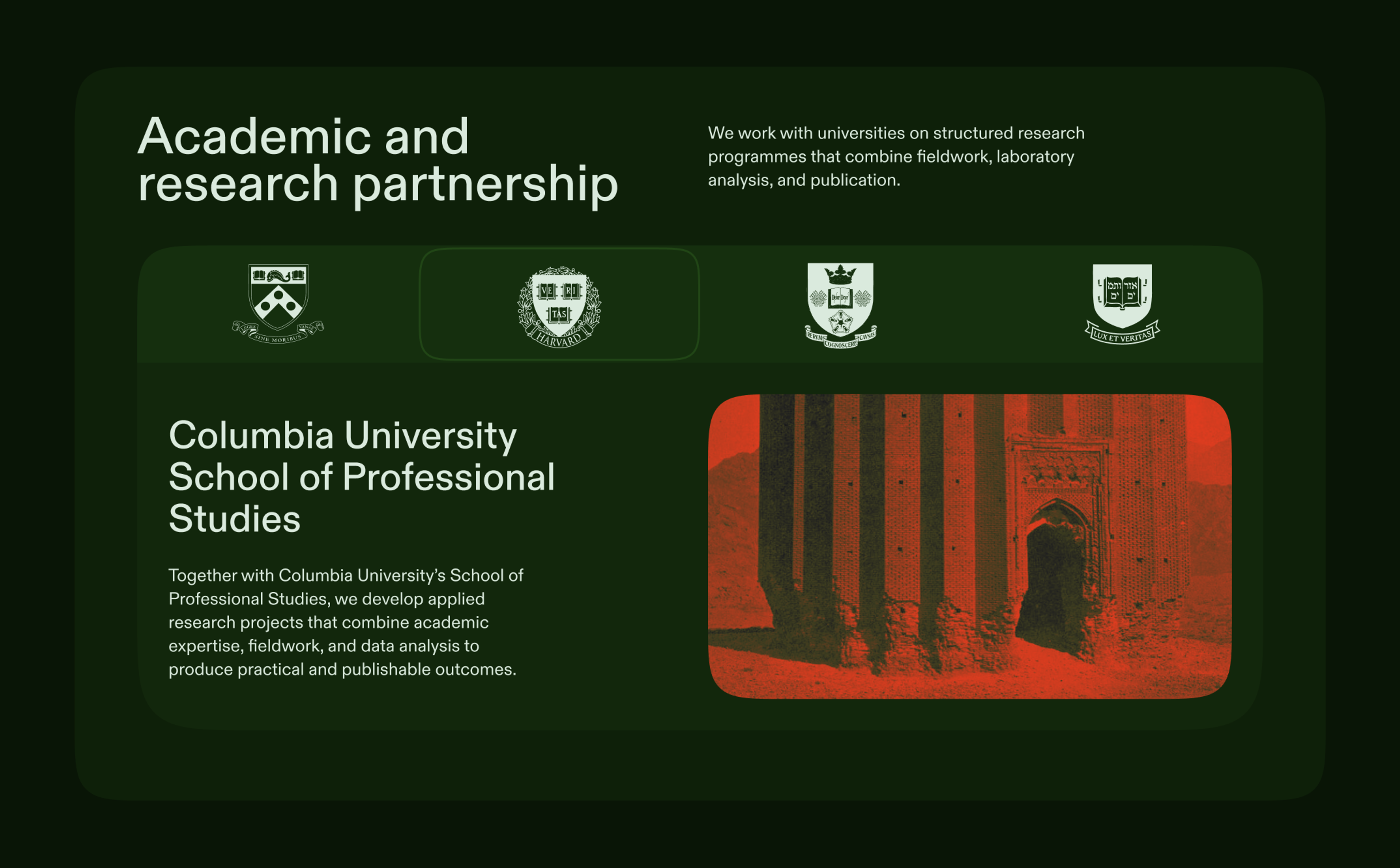 Academic and research partnership section with university cards