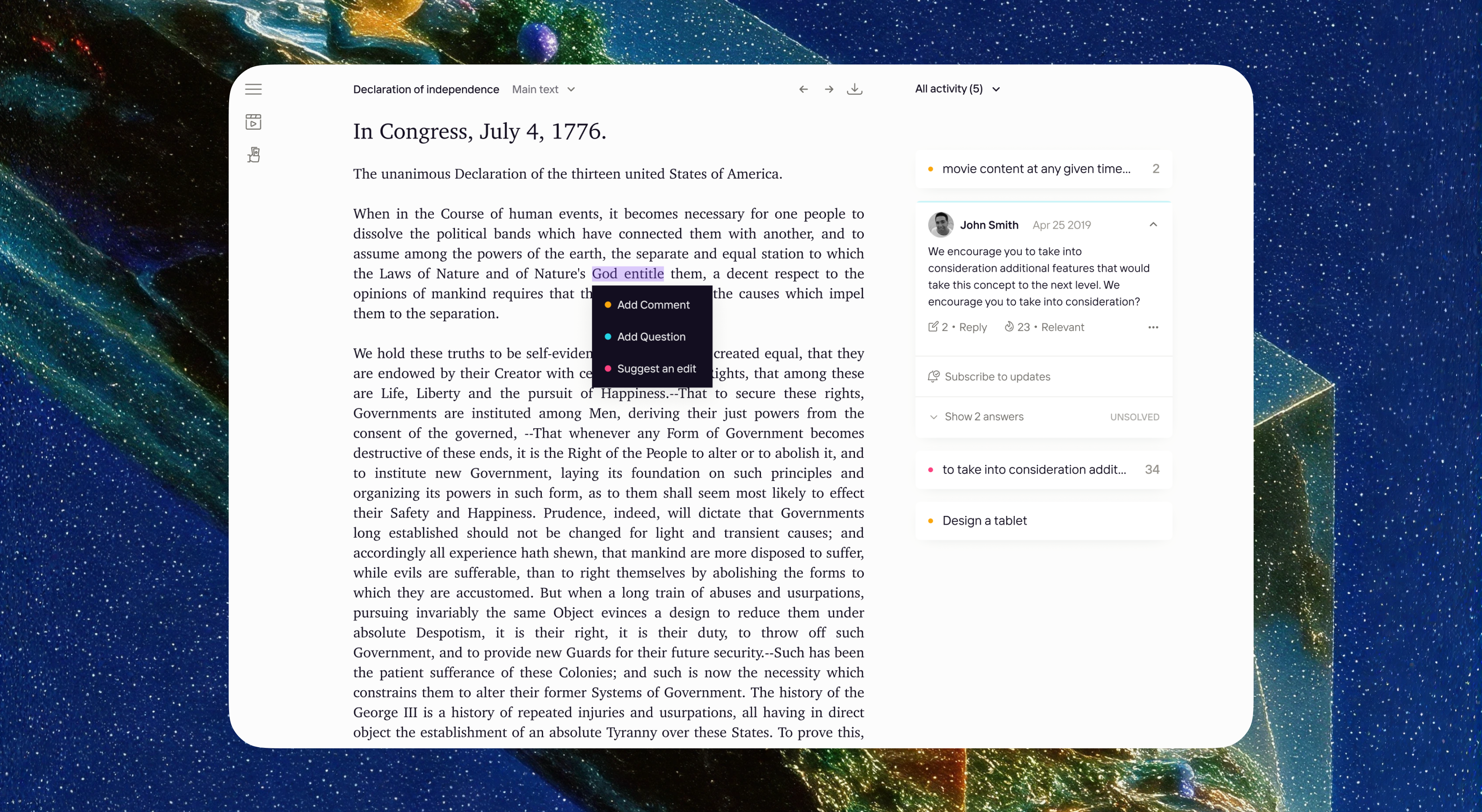 Document reader with an annotation menu and a comment thread beside the text