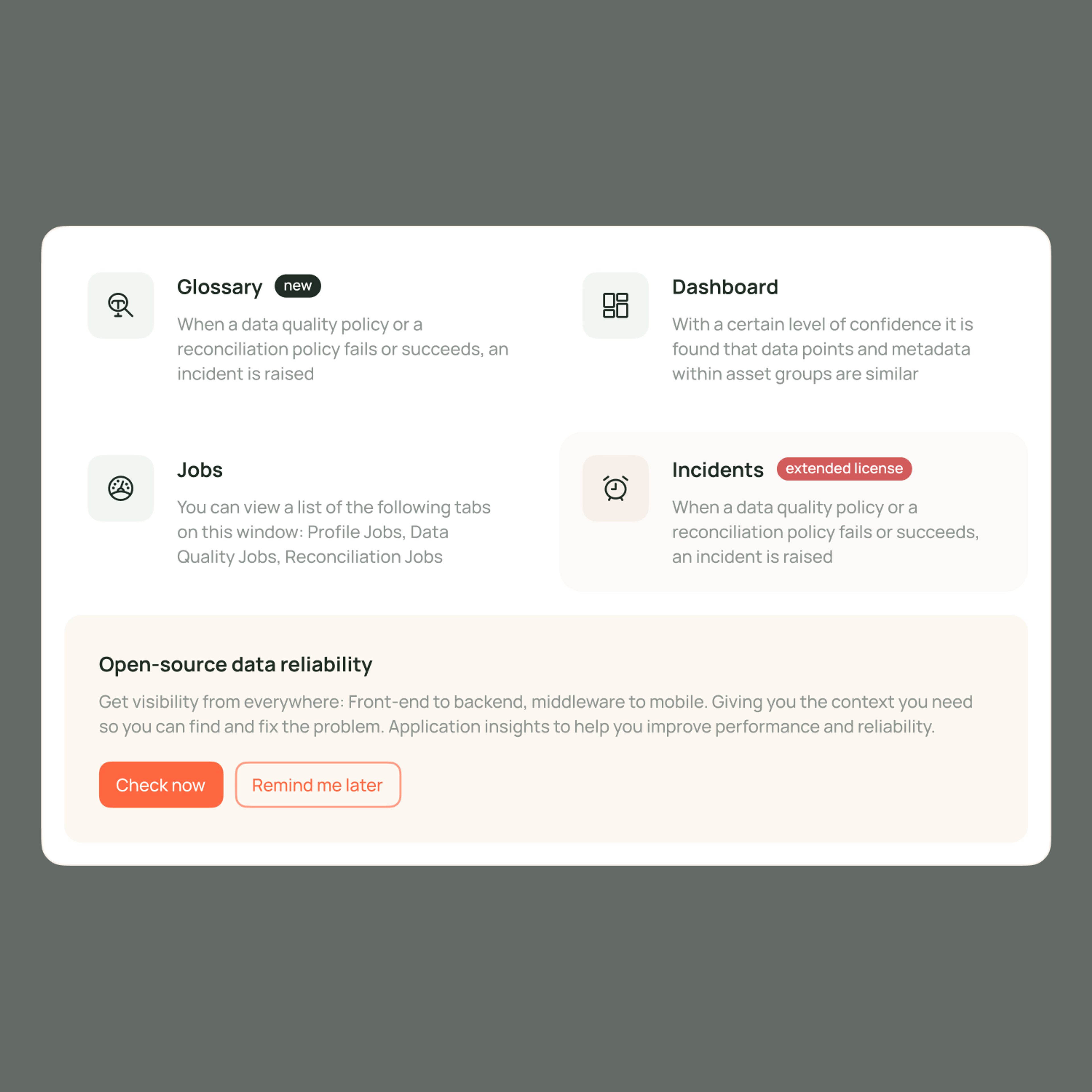 Onboarding cards: glossary, dashboard, jobs, incidents