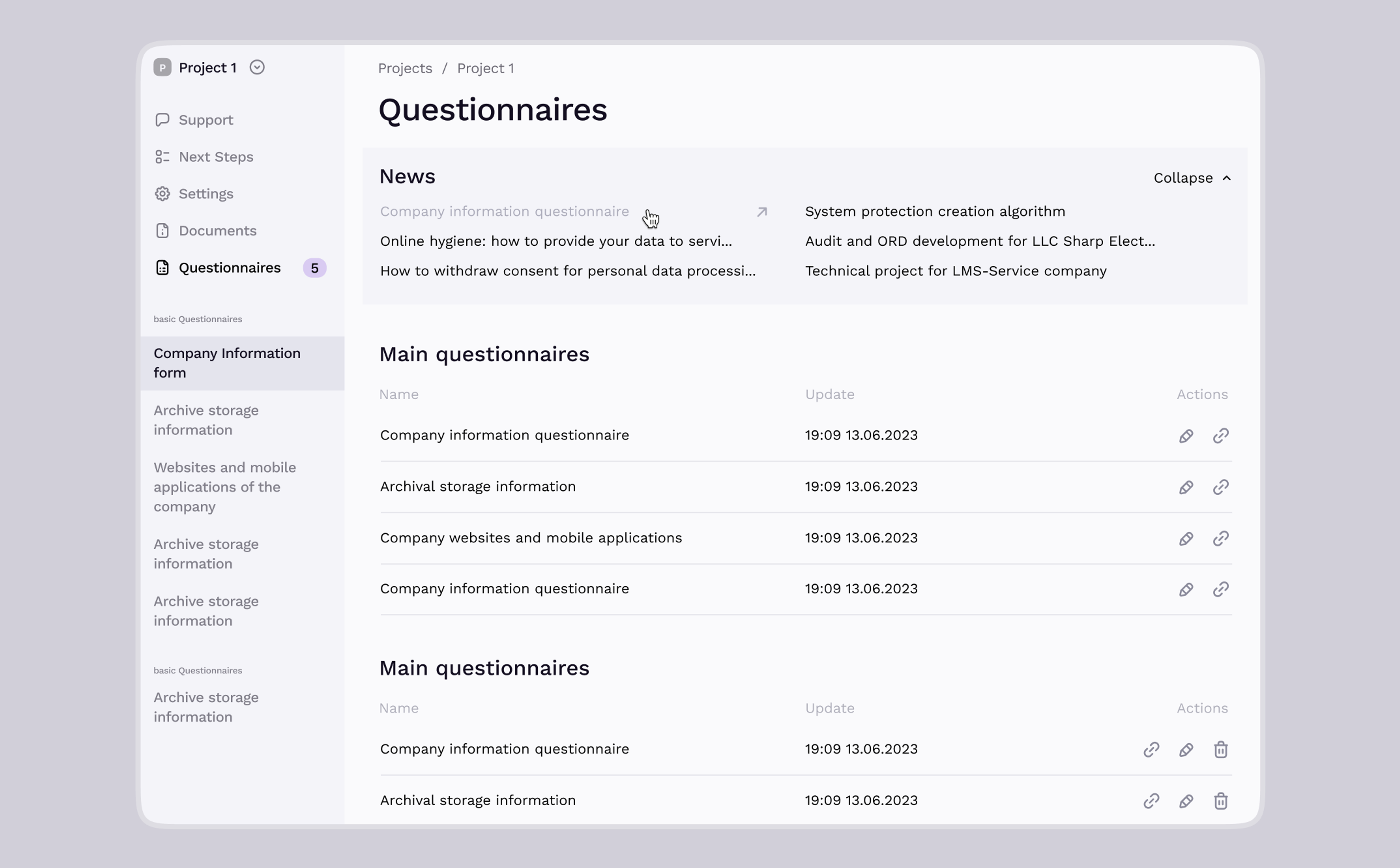 Questionnaires list