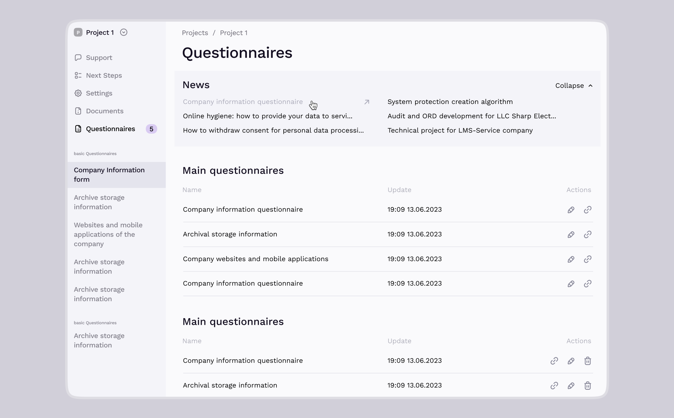 Questionnaires list