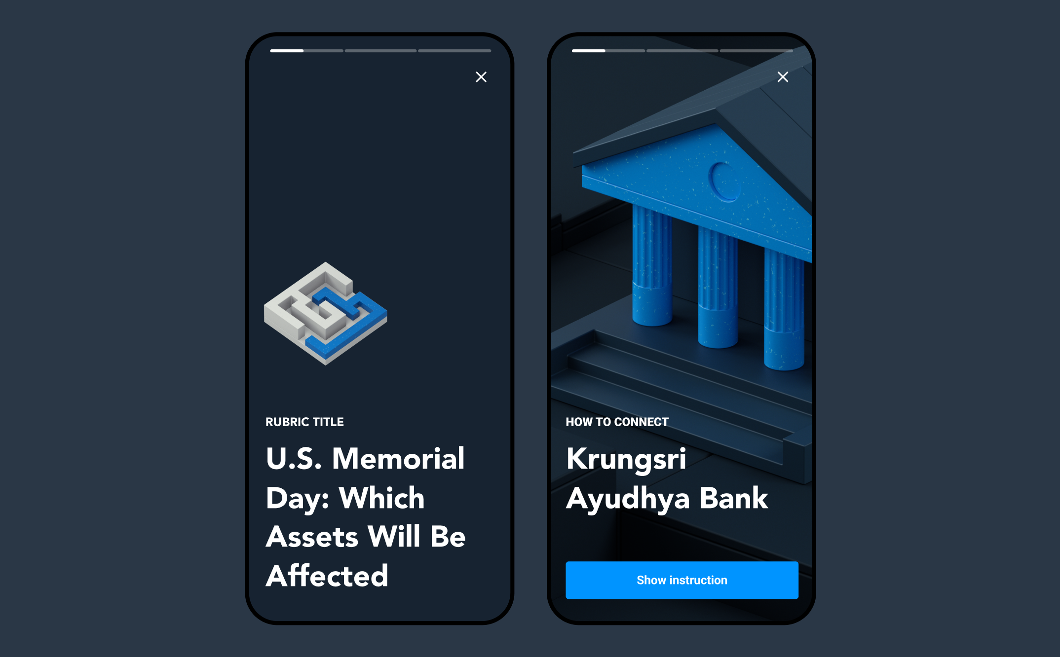 Two phone cards: a market holiday notice and a bank connection guide