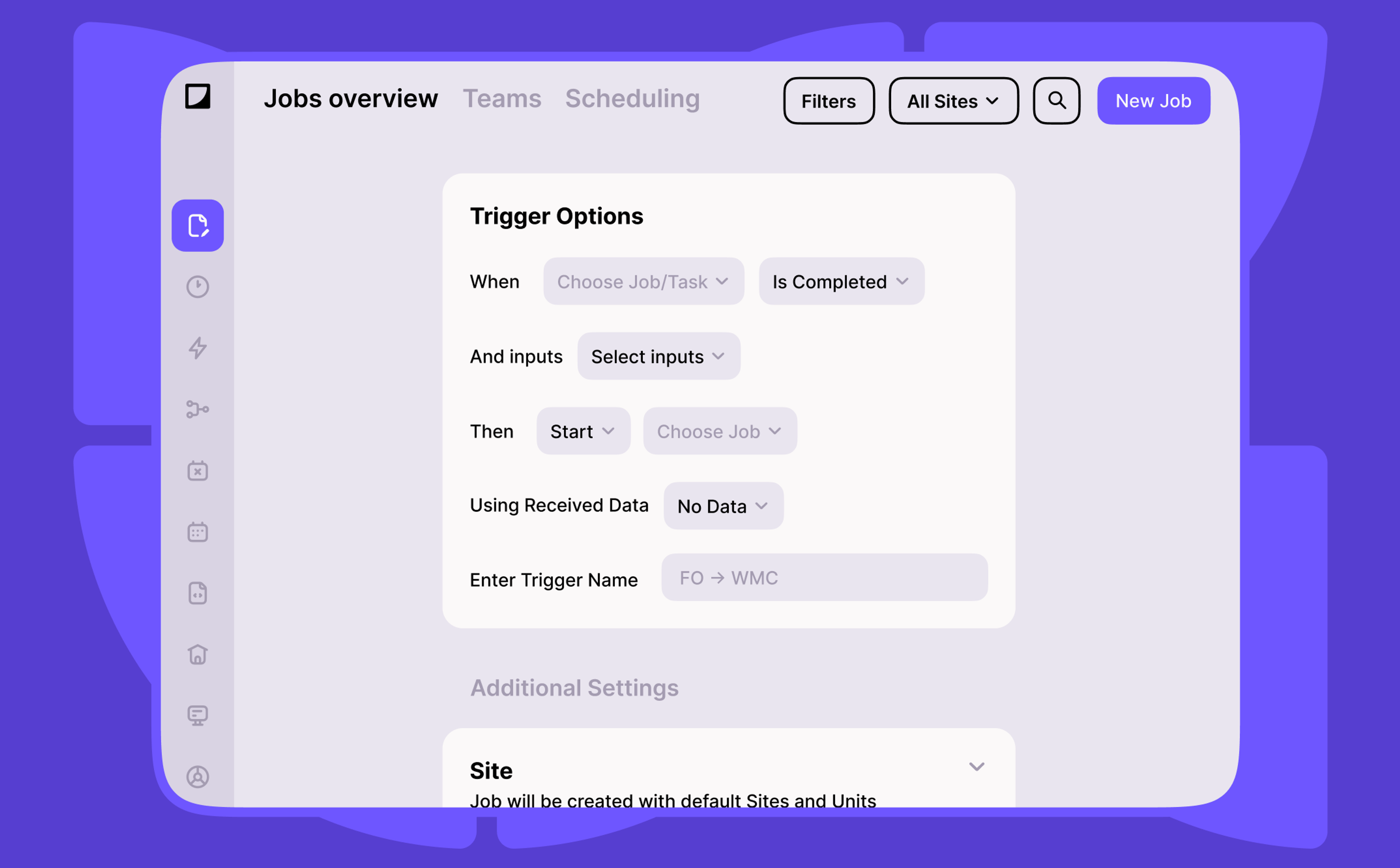Trigger options form in the jobs overview