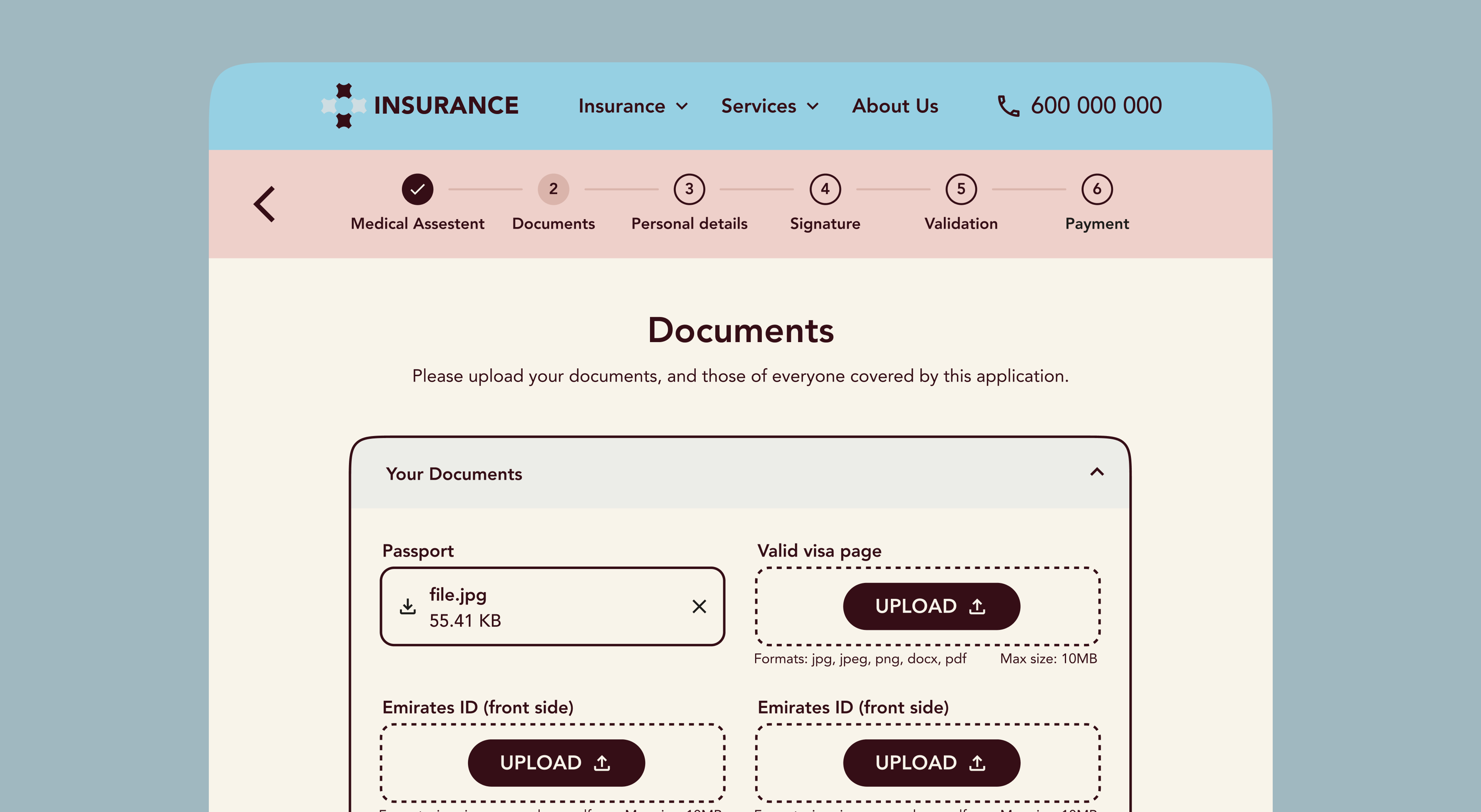 Insurance application step for uploading passport, visa and ID documents