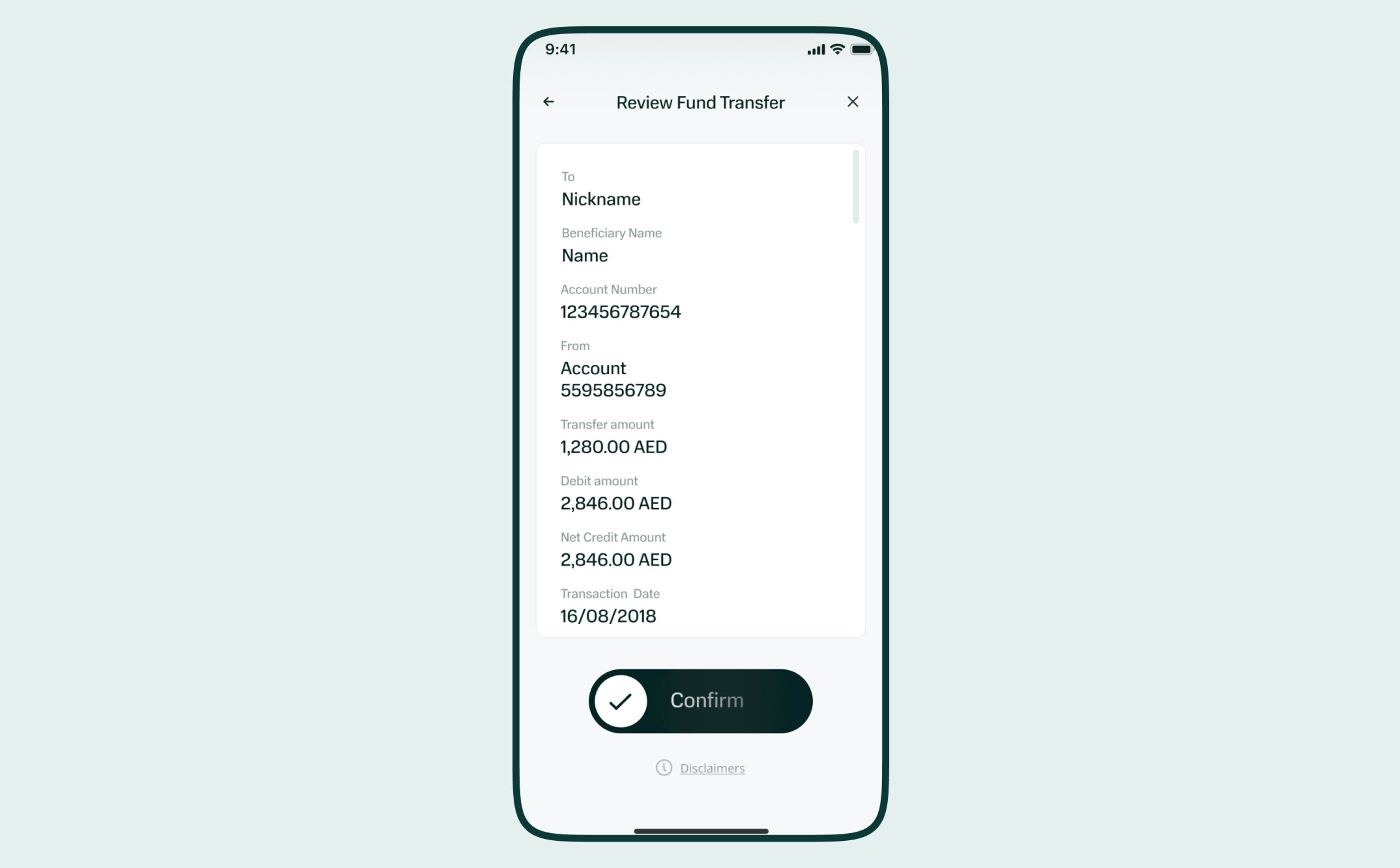 Review fund transfer screen