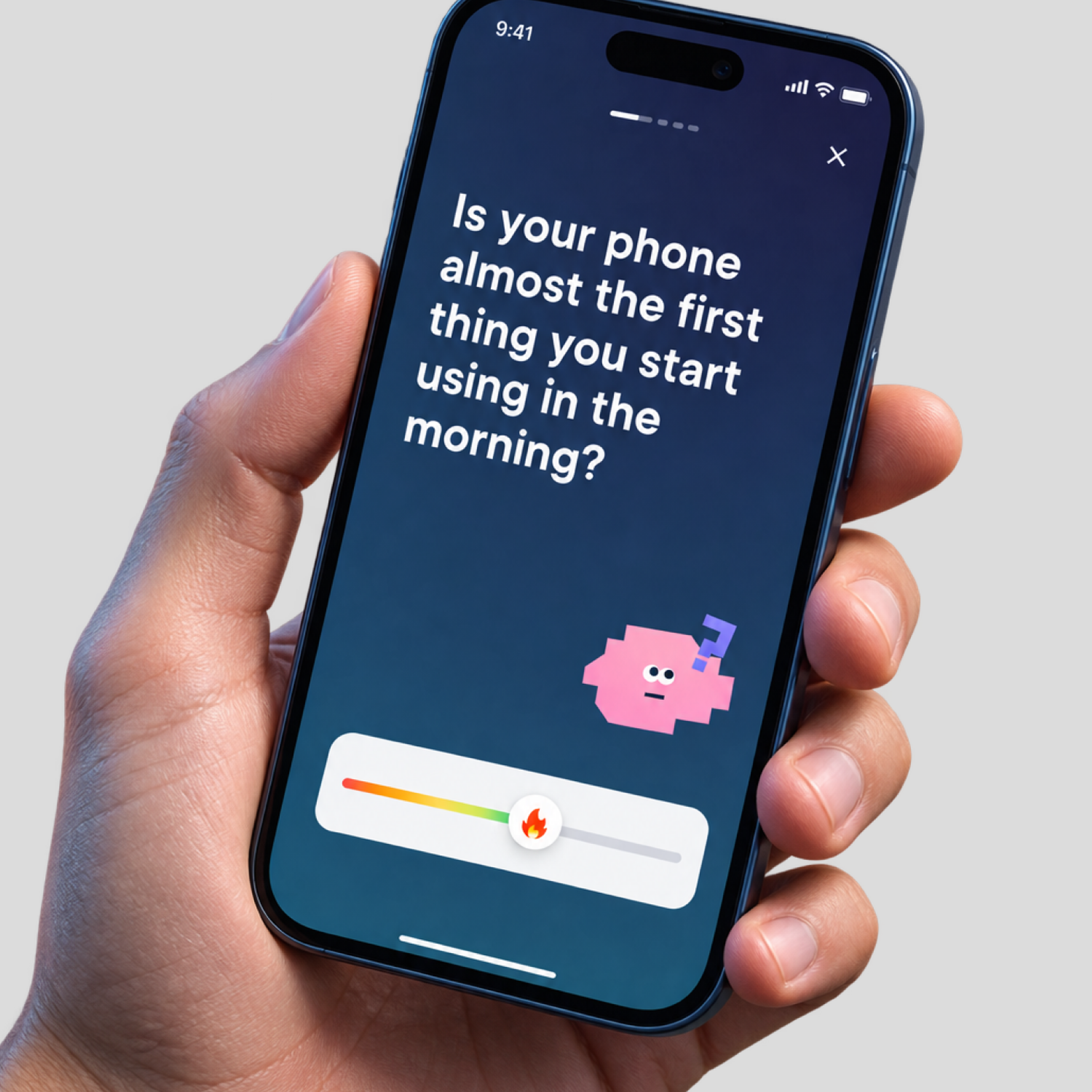 Onboarding question on a phone held in a hand