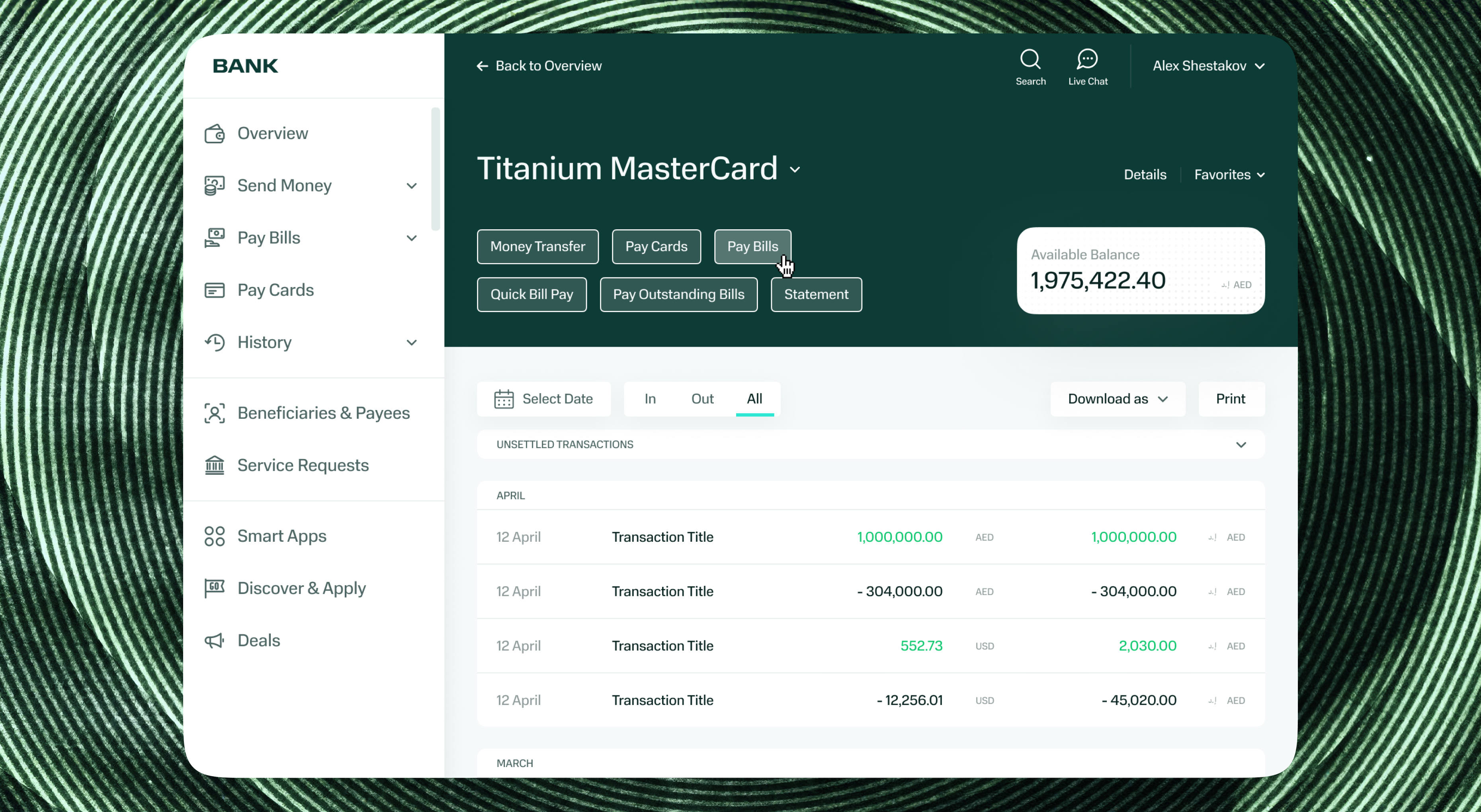 Bank web app showing a Titanium MasterCard statement with unsettled transactions