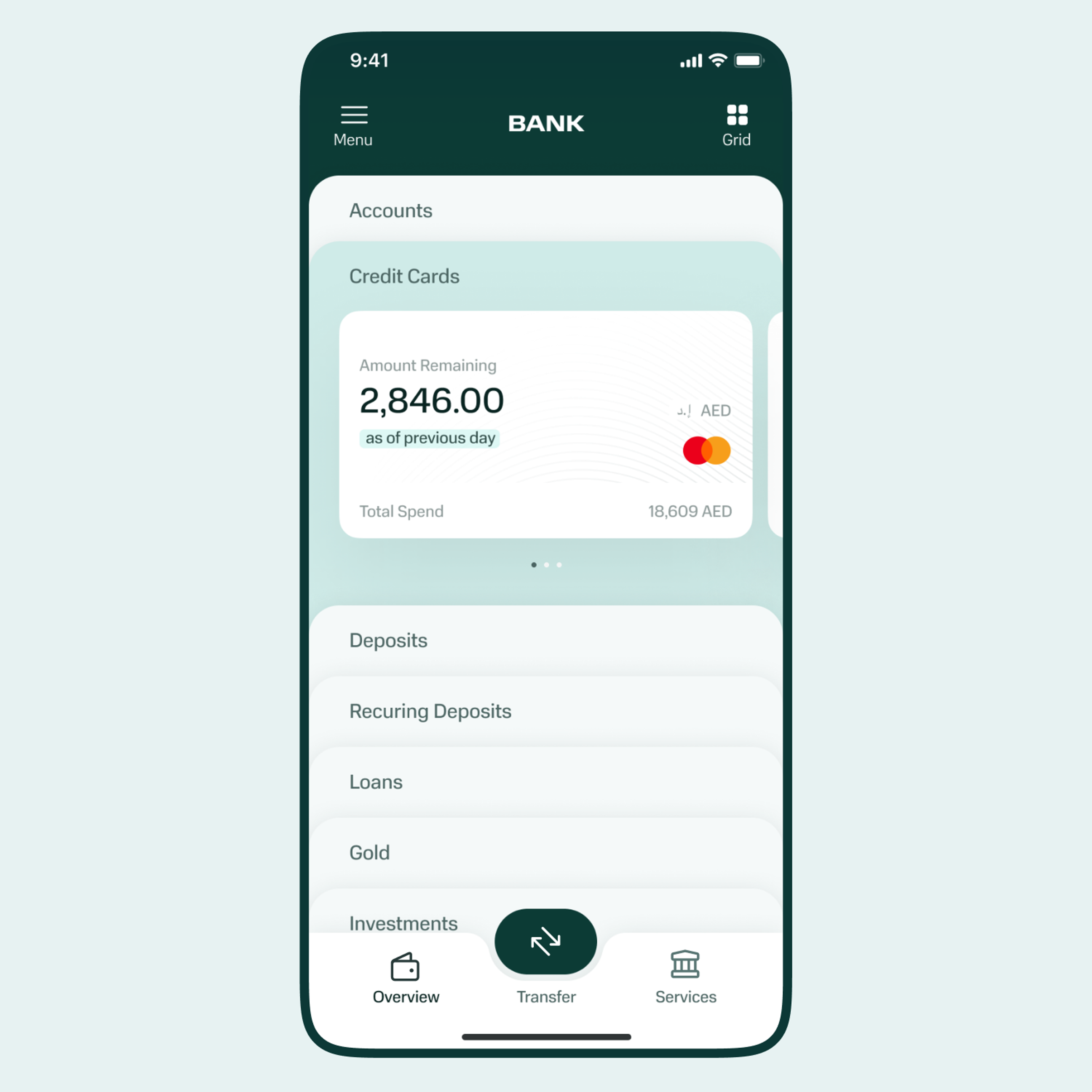 Bank app accounts screen with a credit card balance, deposits, loans and gold