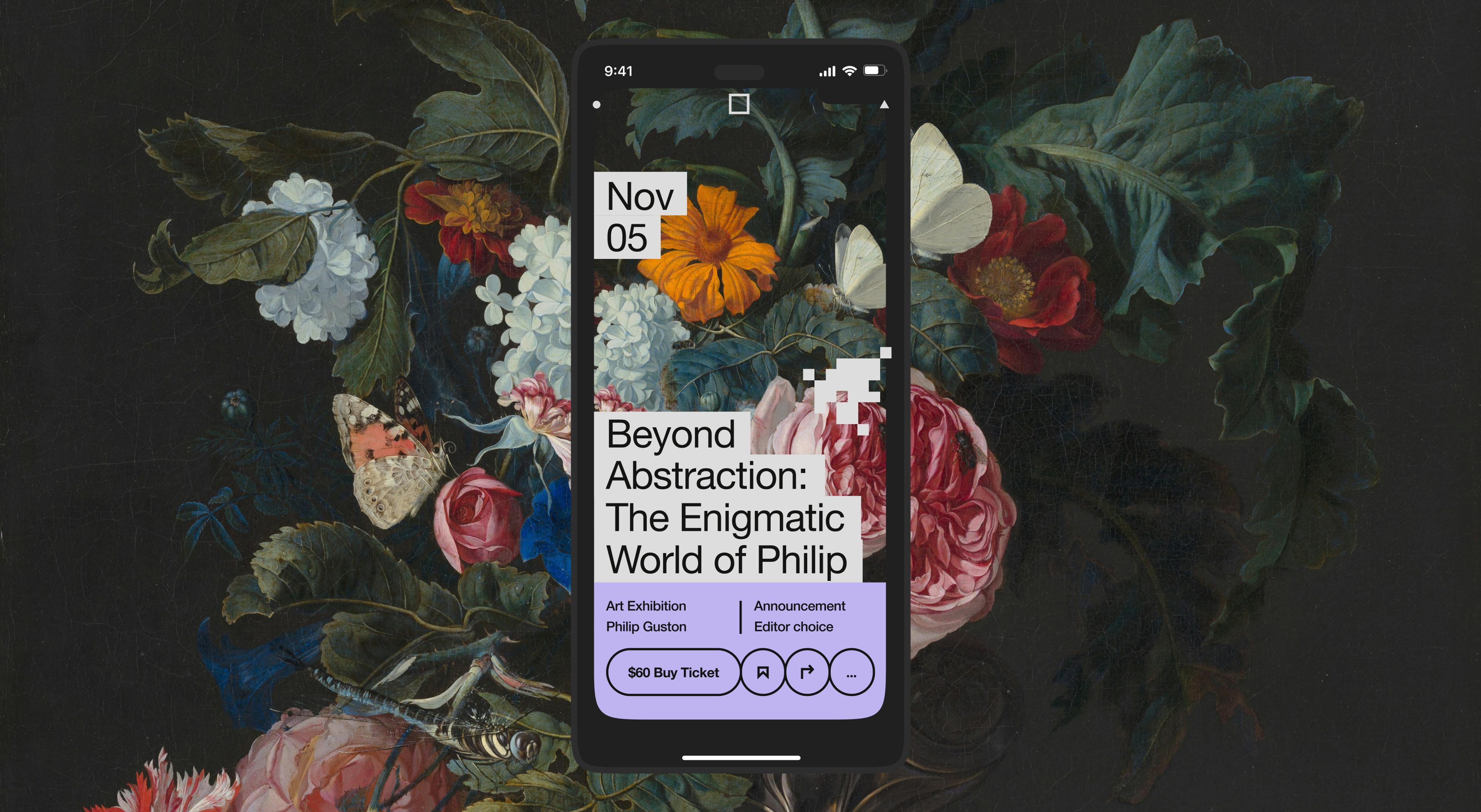 Phone showing an art exhibition ticket card over a still-life painting