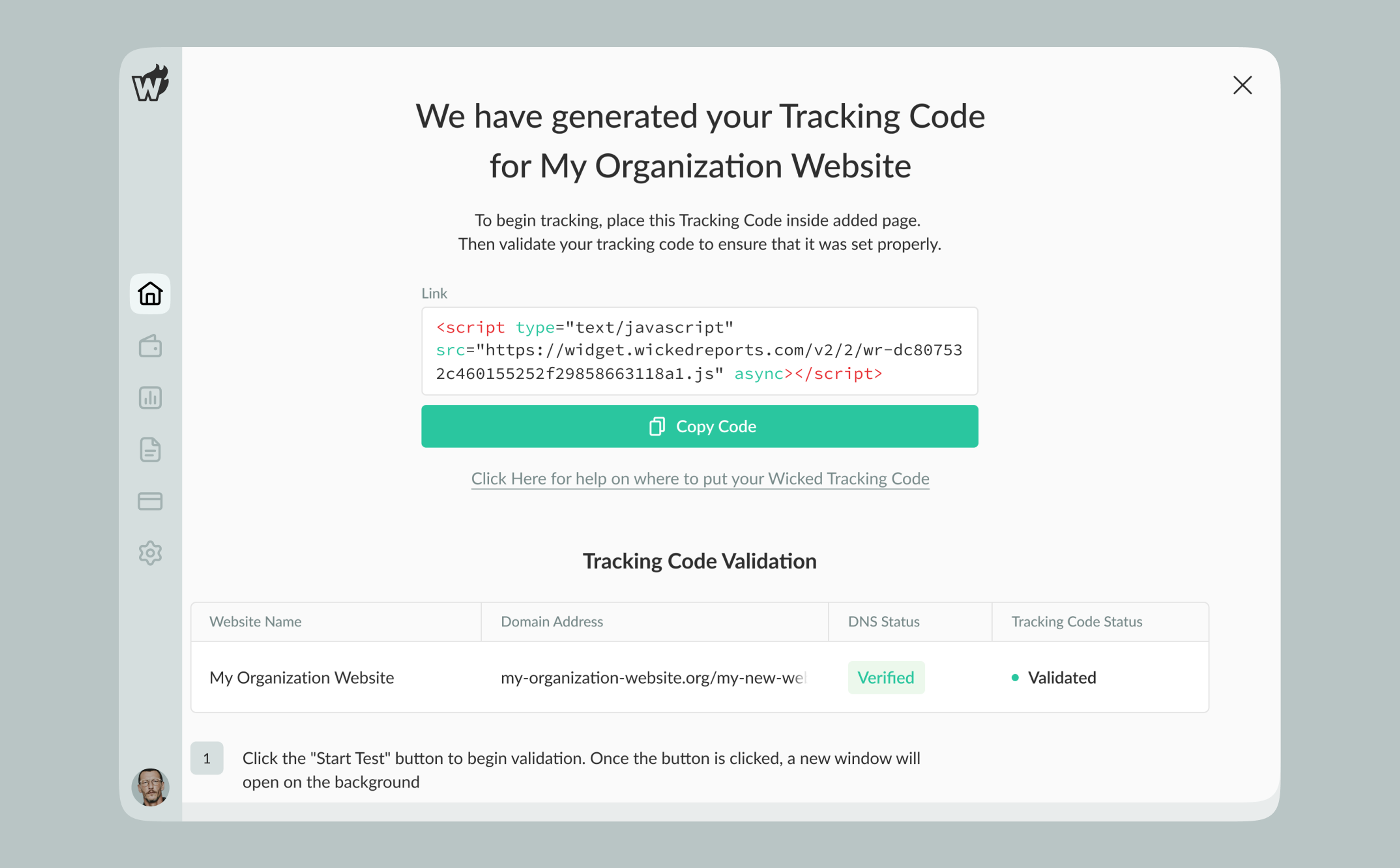 Generated tracking code with its validation table