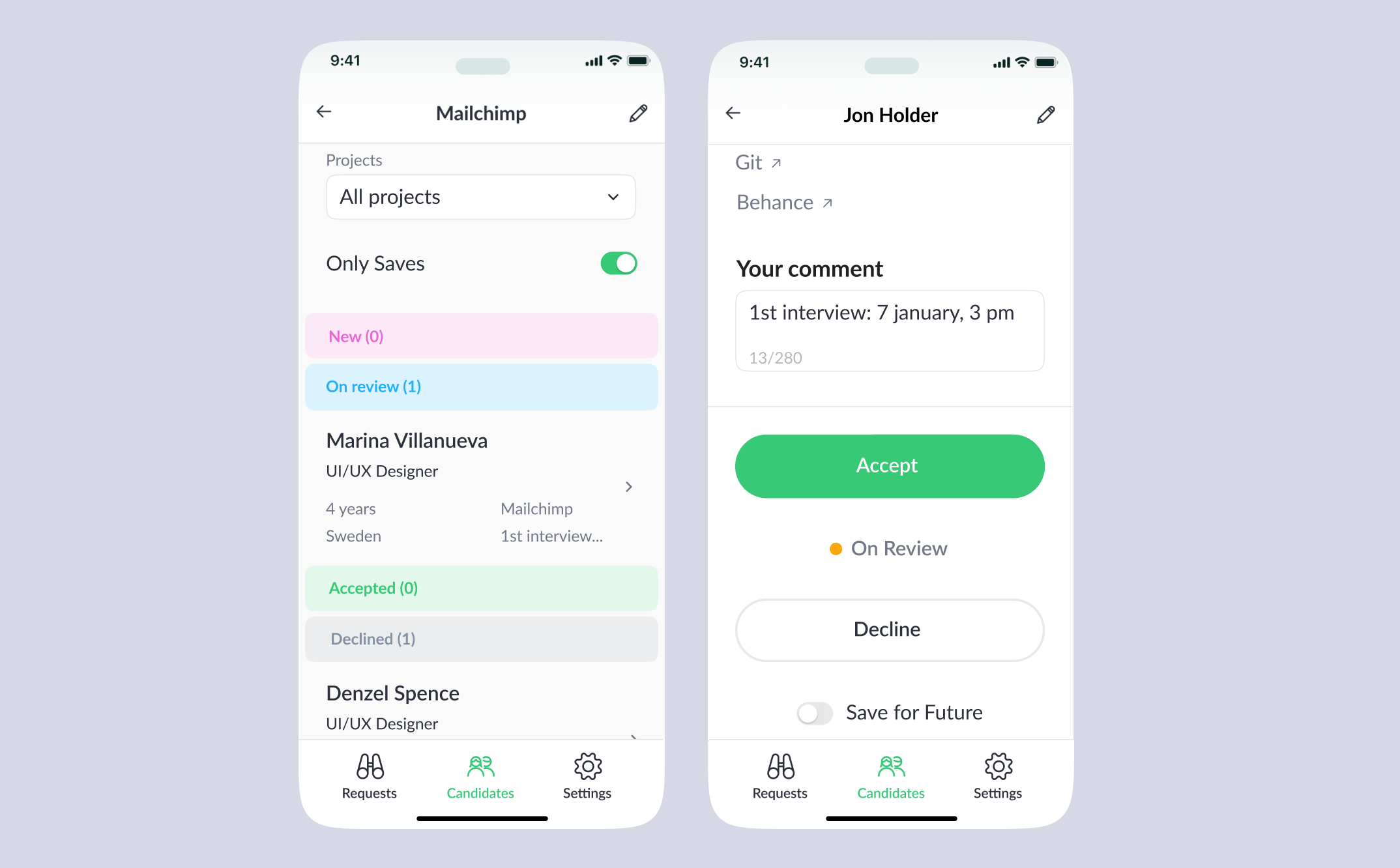 Matching and candidate screens on phones