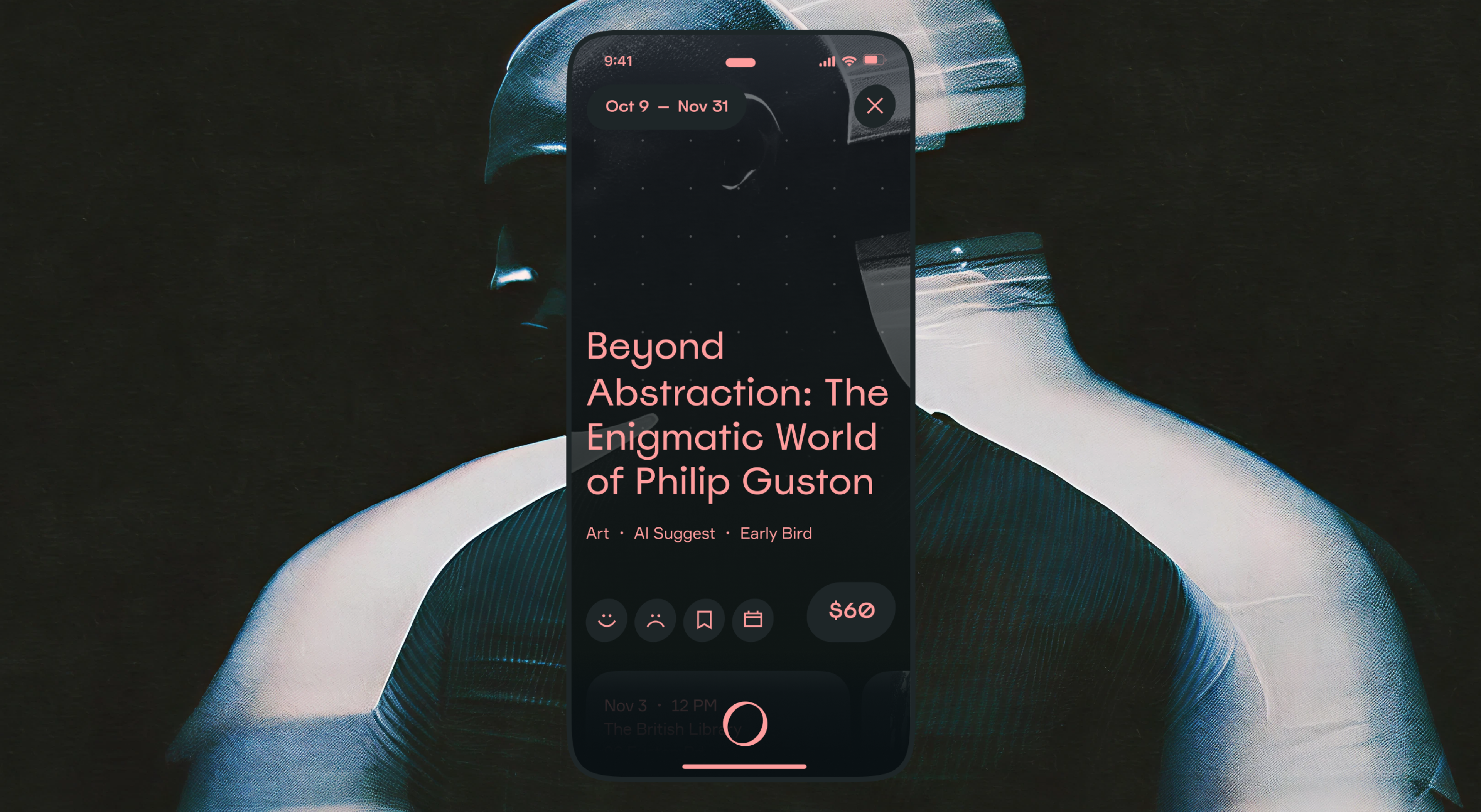 The exhibition event card on a phone over a portrait photograph