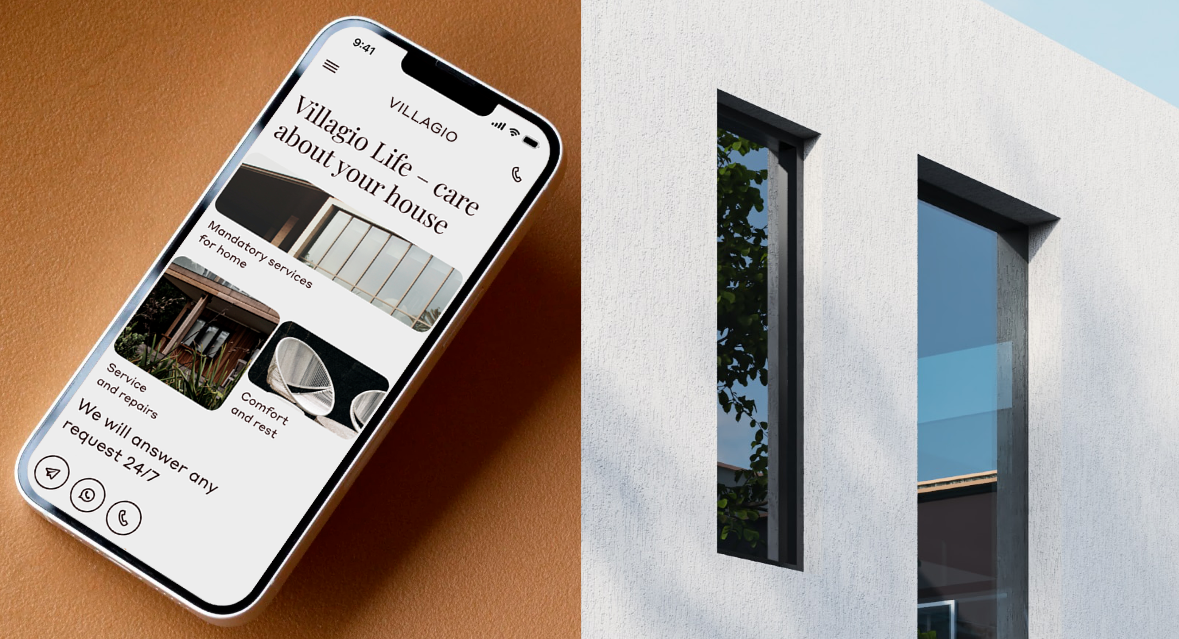 Phone showing “Villagio Life — care about your house” beside a modern villa