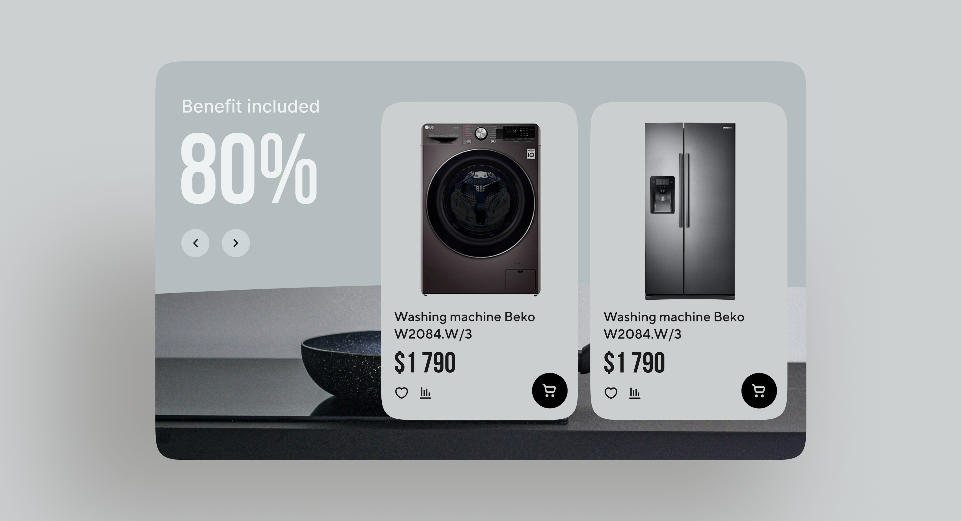 Promo slider offering an 80% benefit on washing machines and fridges