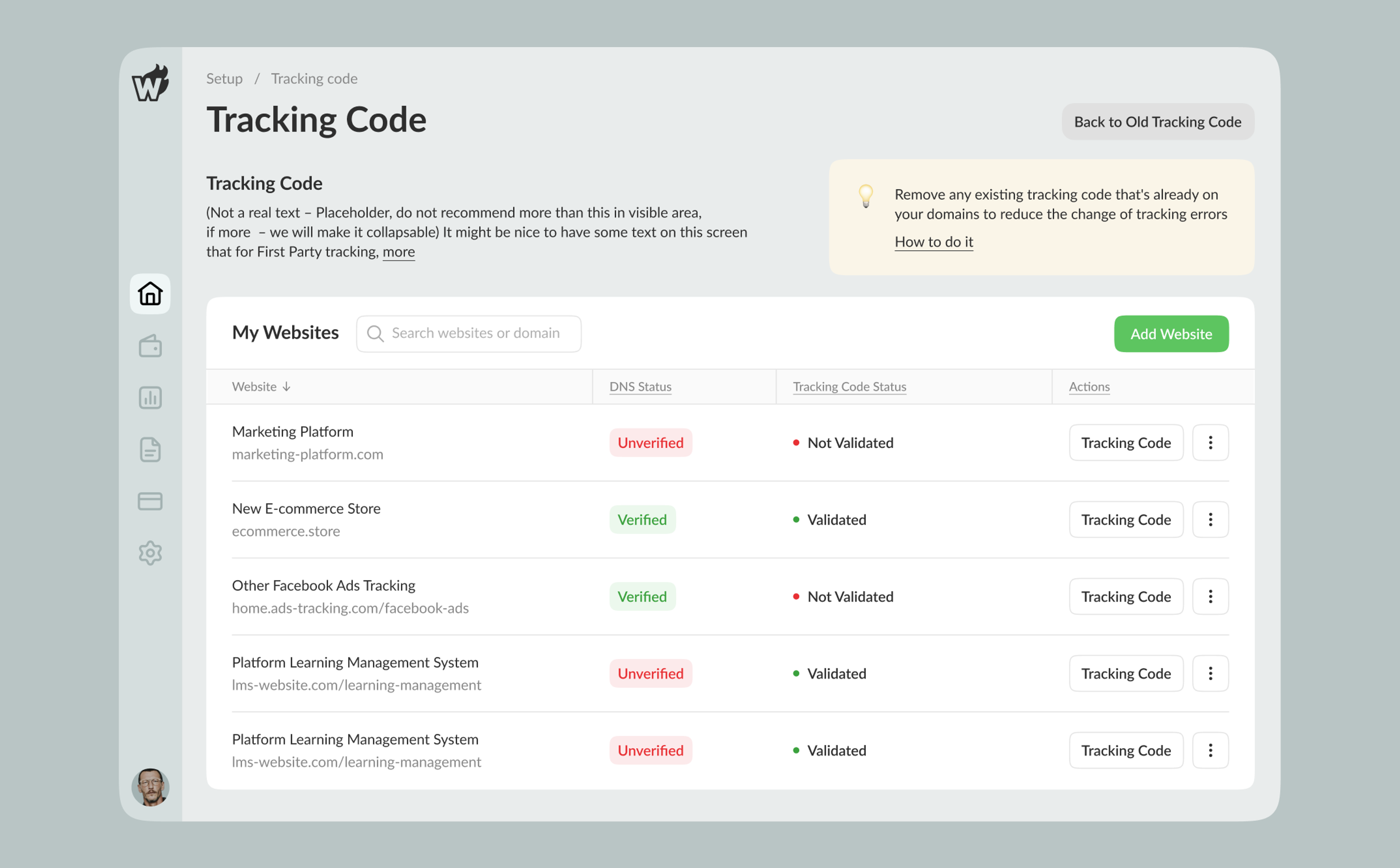 Tracking code status for each website
