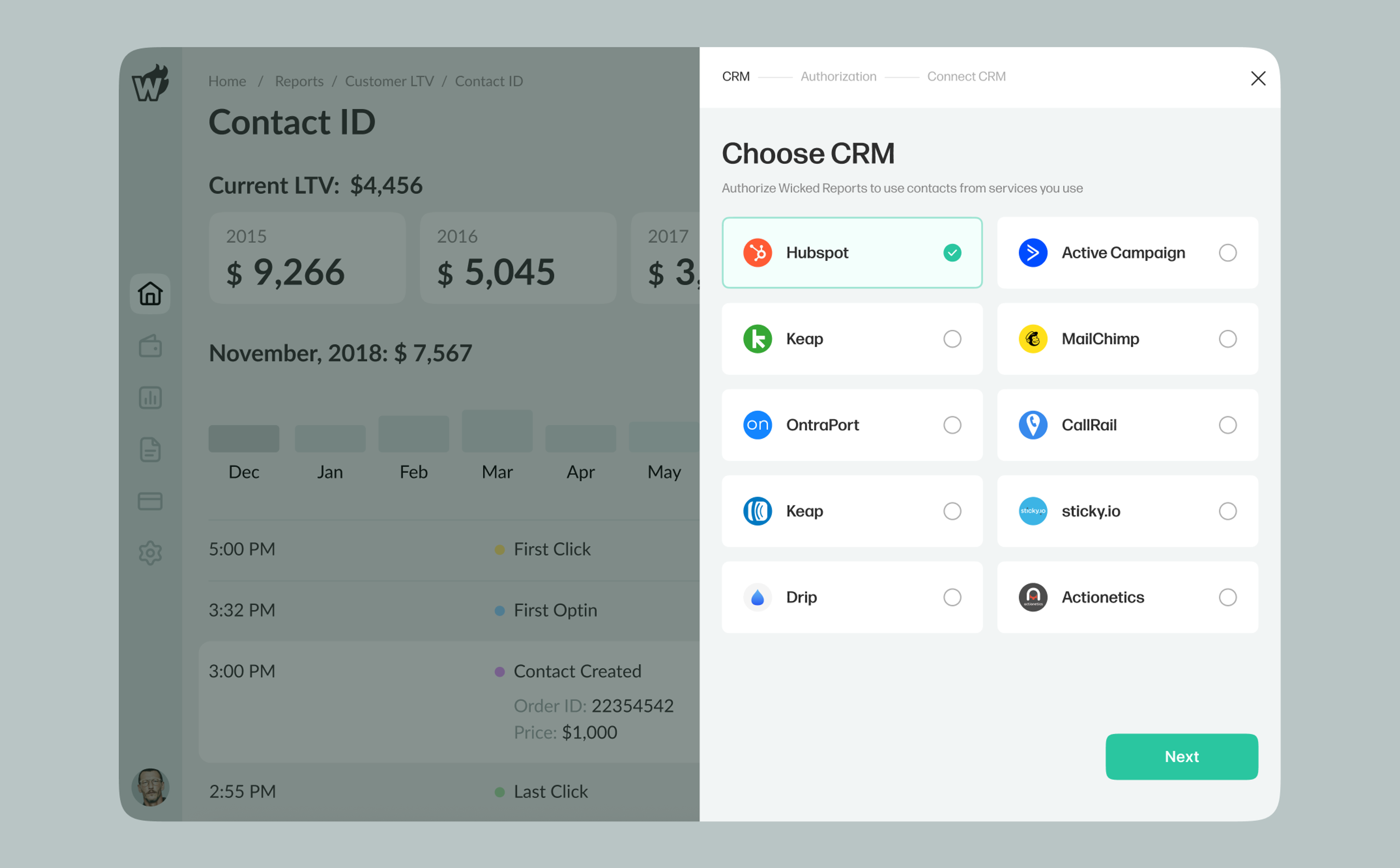 Choose CRM dialog over a contact's lifetime value