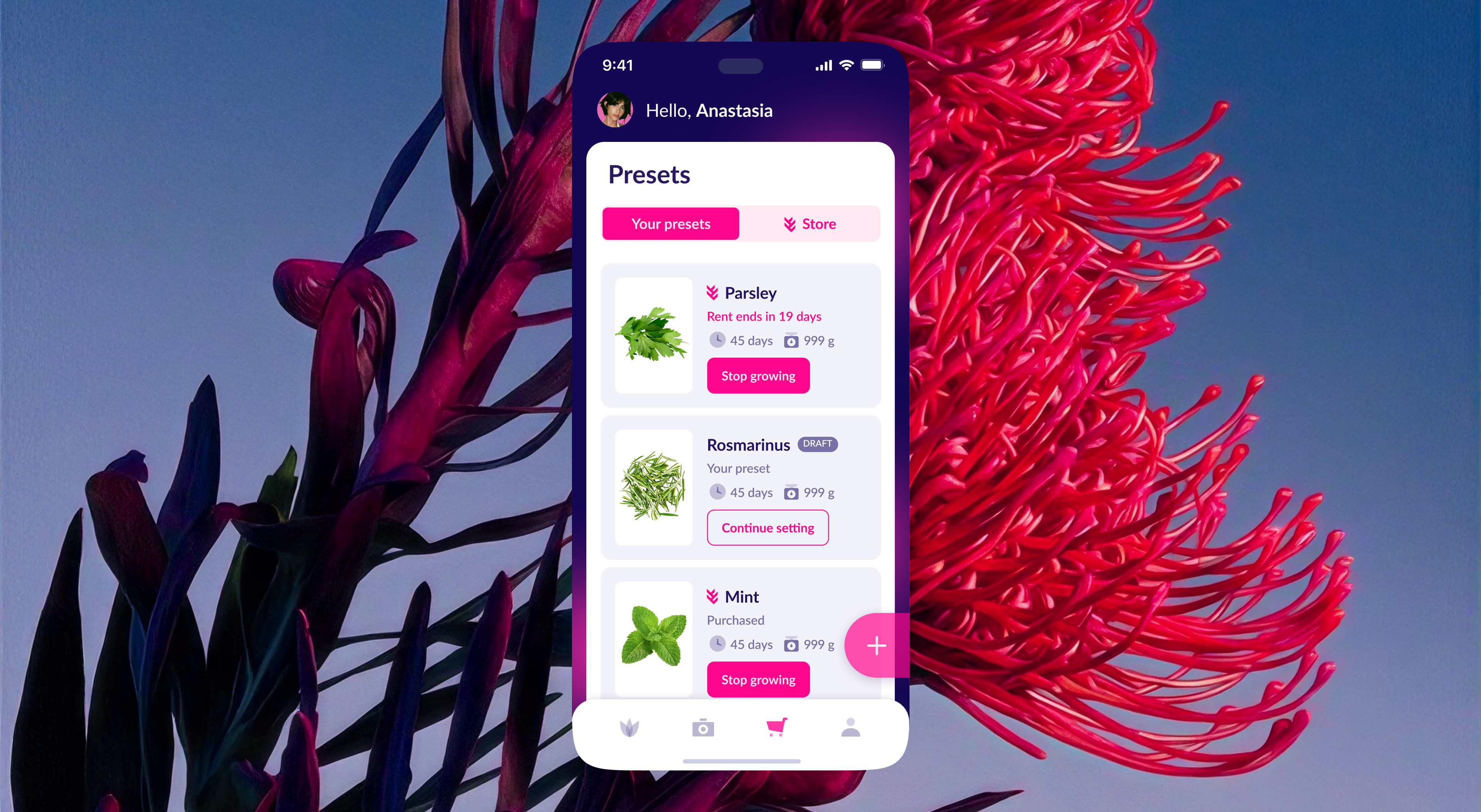 Presets screen on a phone against red flowers