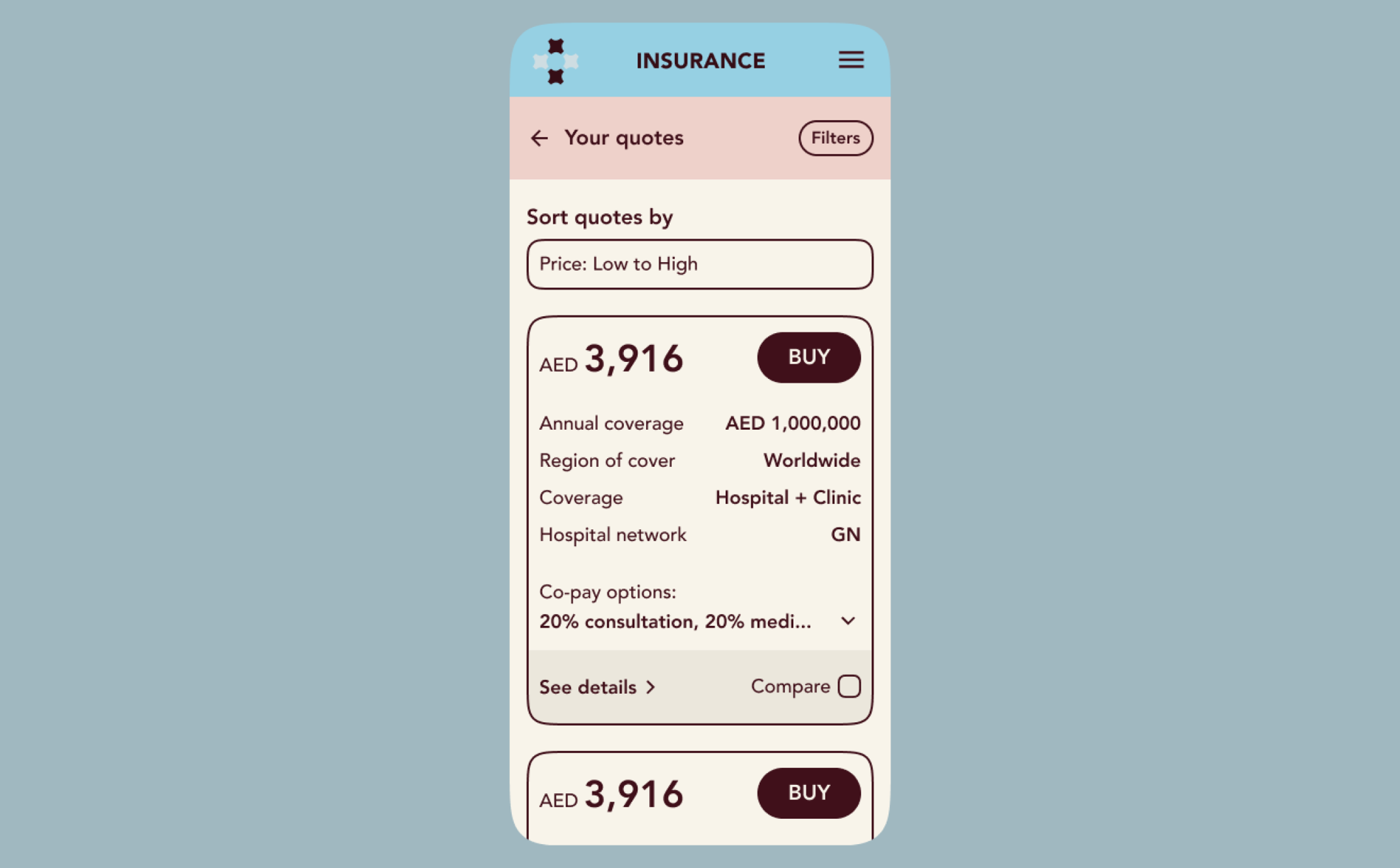 Phone screen listing insurance quotes sorted by price, with coverage details