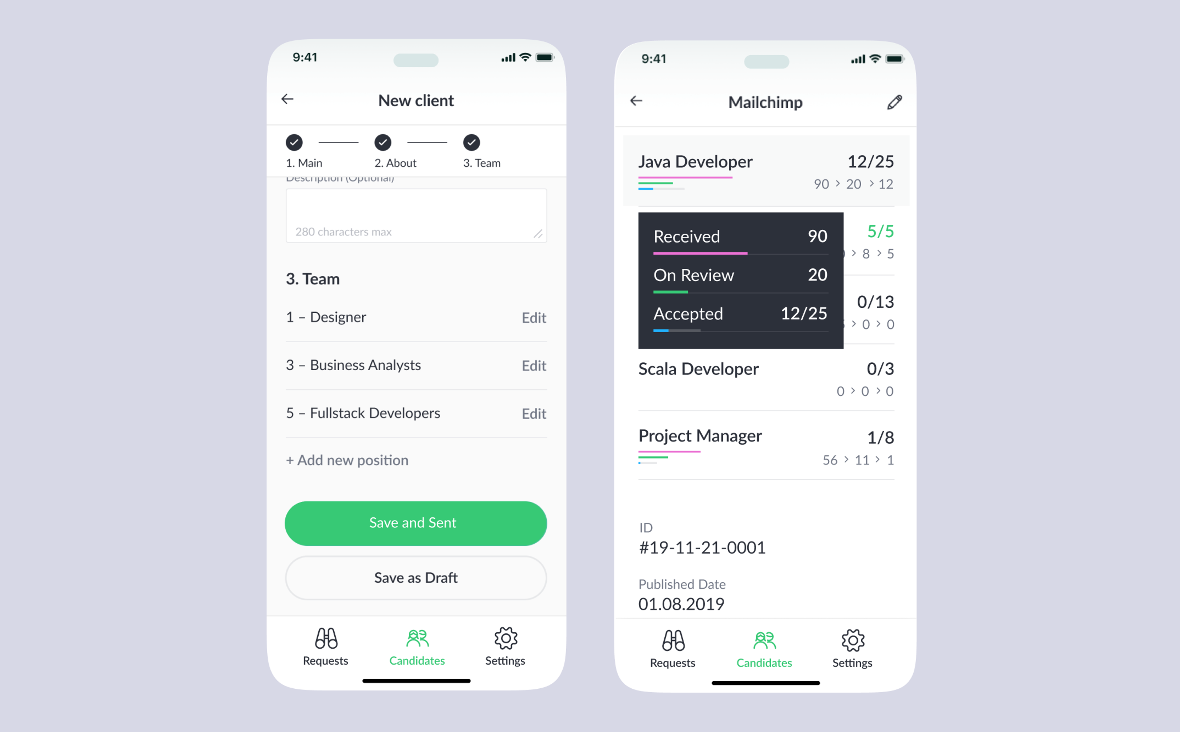 New client and matching screens on phones