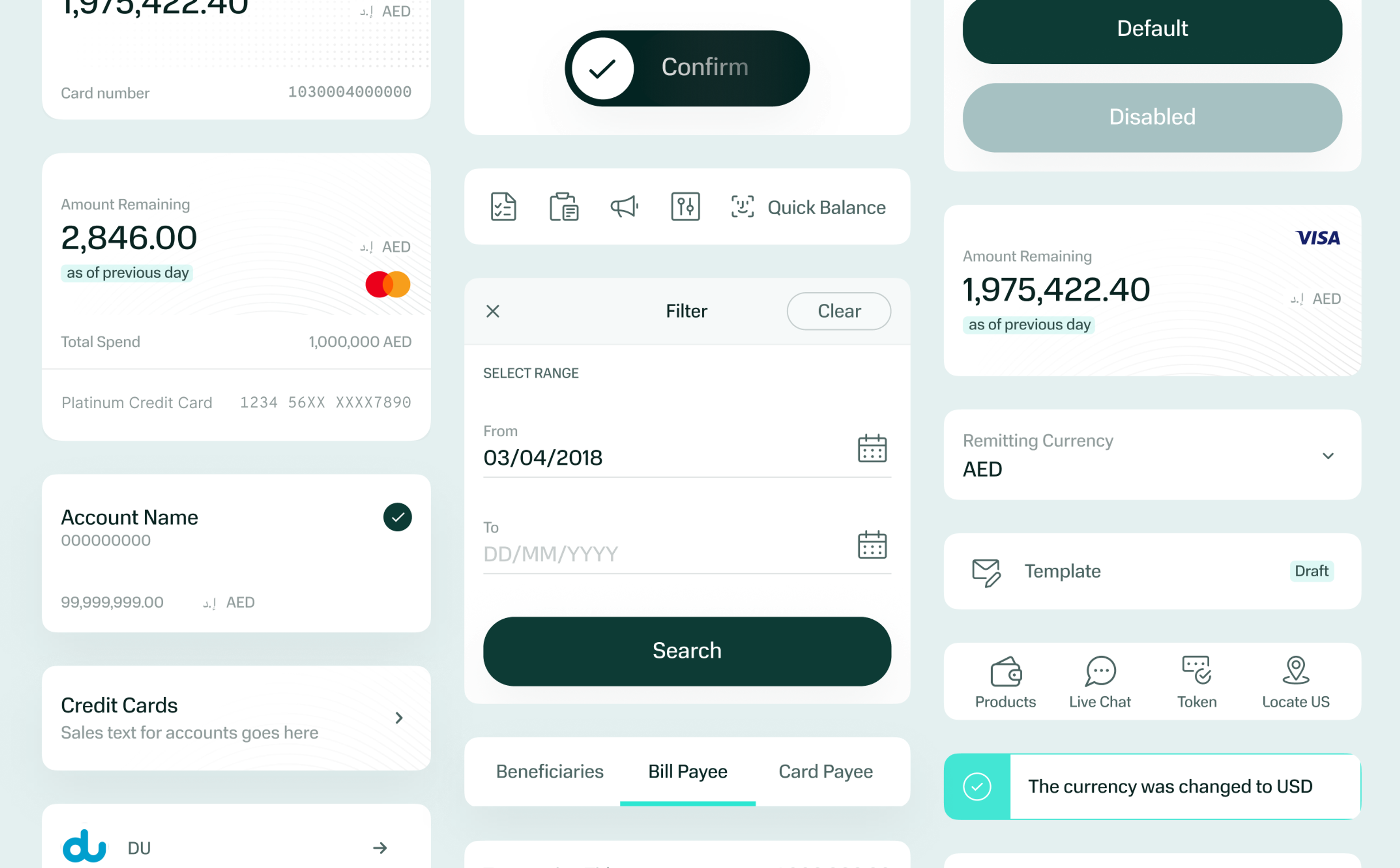 Web banking cards: confirm, filter, accounts and templates